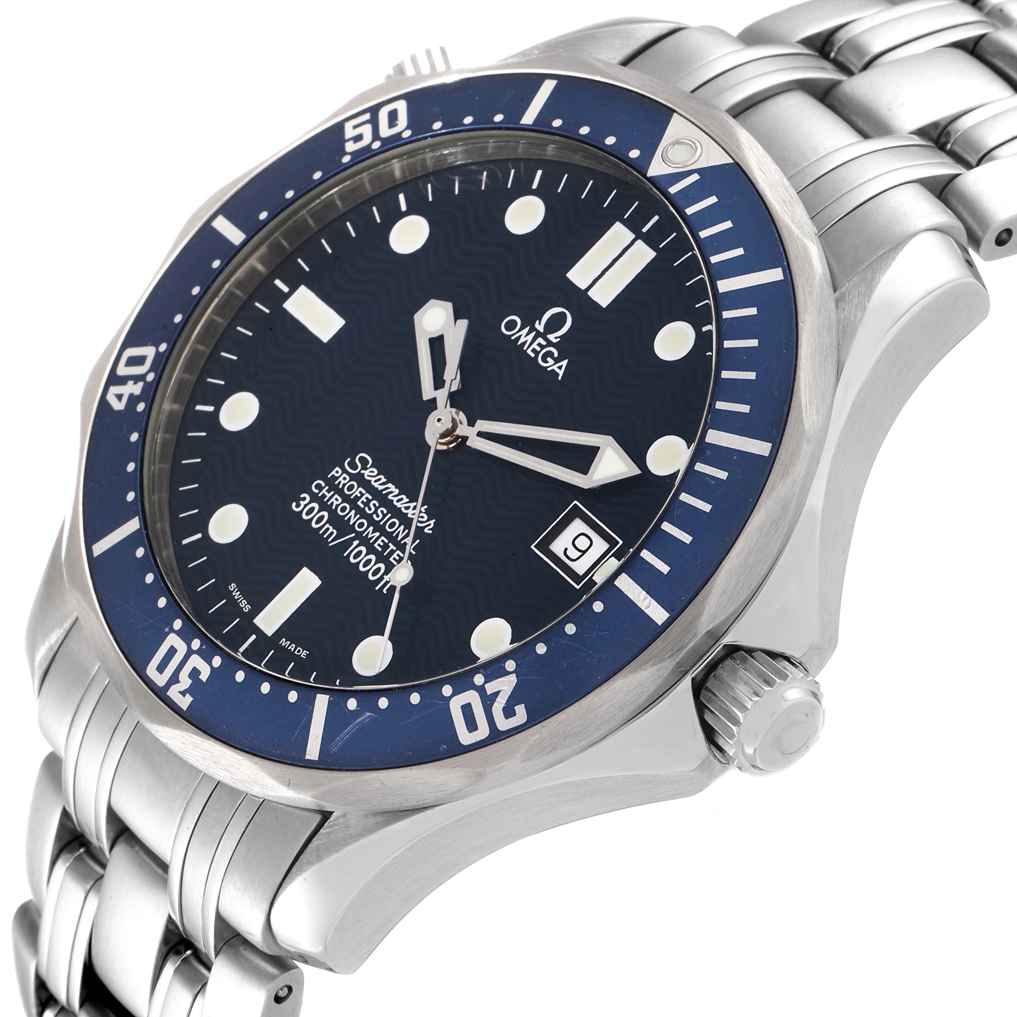 The image shows an angled close-up of the Omega Seamaster 2531.80.00 Men's Stainless Steel Blue Dial 2531.80.00 Men's Stainless Steel Blue Dial watch, highlighting the dial, bezel, crown, and part of the bracelet.