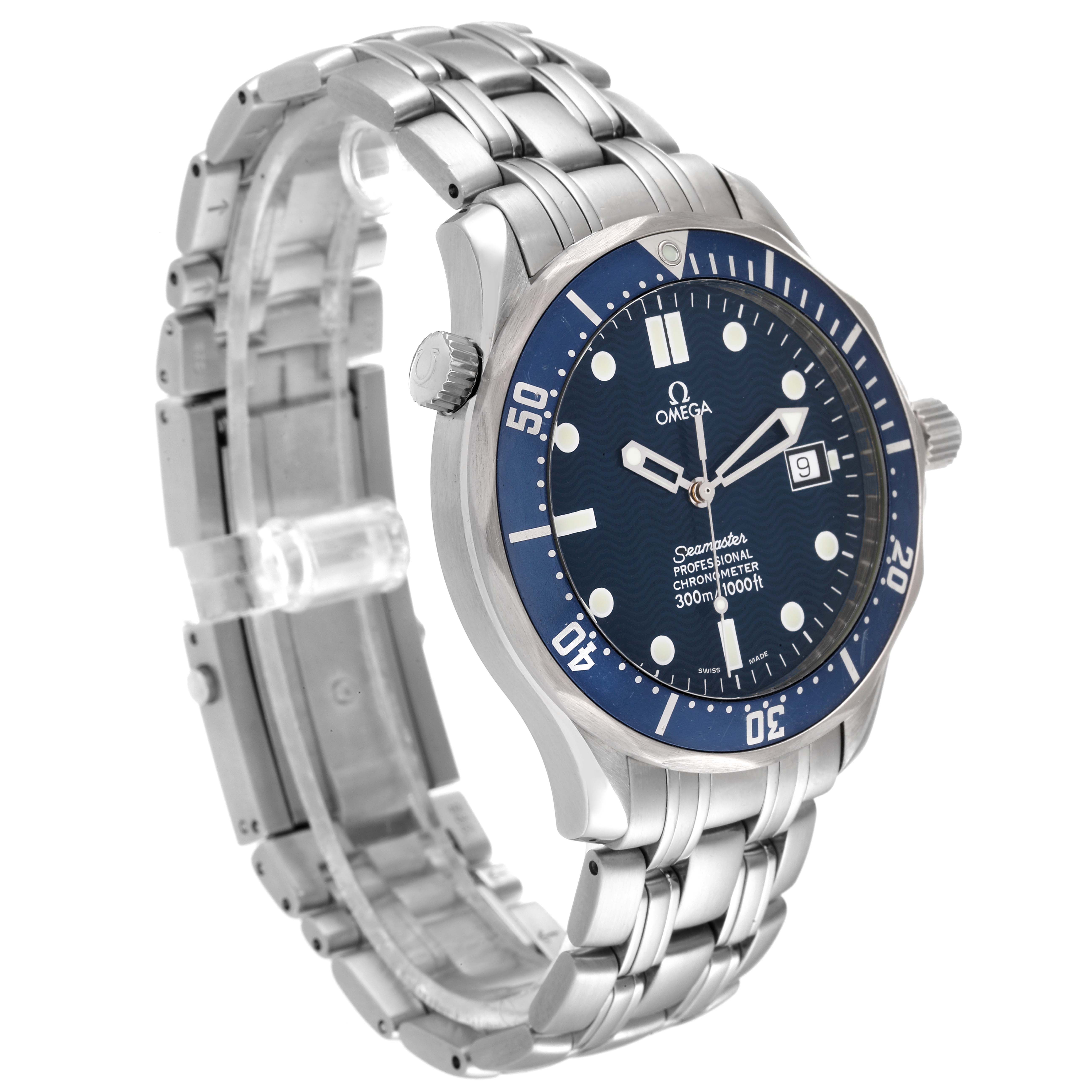 The image shows an angled view of the Omega Seamaster 2531.80.00 Men's Stainless Steel Blue Dial 2531.80.00 Men's Stainless Steel Blue Dial watch, highlighting the face, bezel, crown, and stainless steel bracelet.