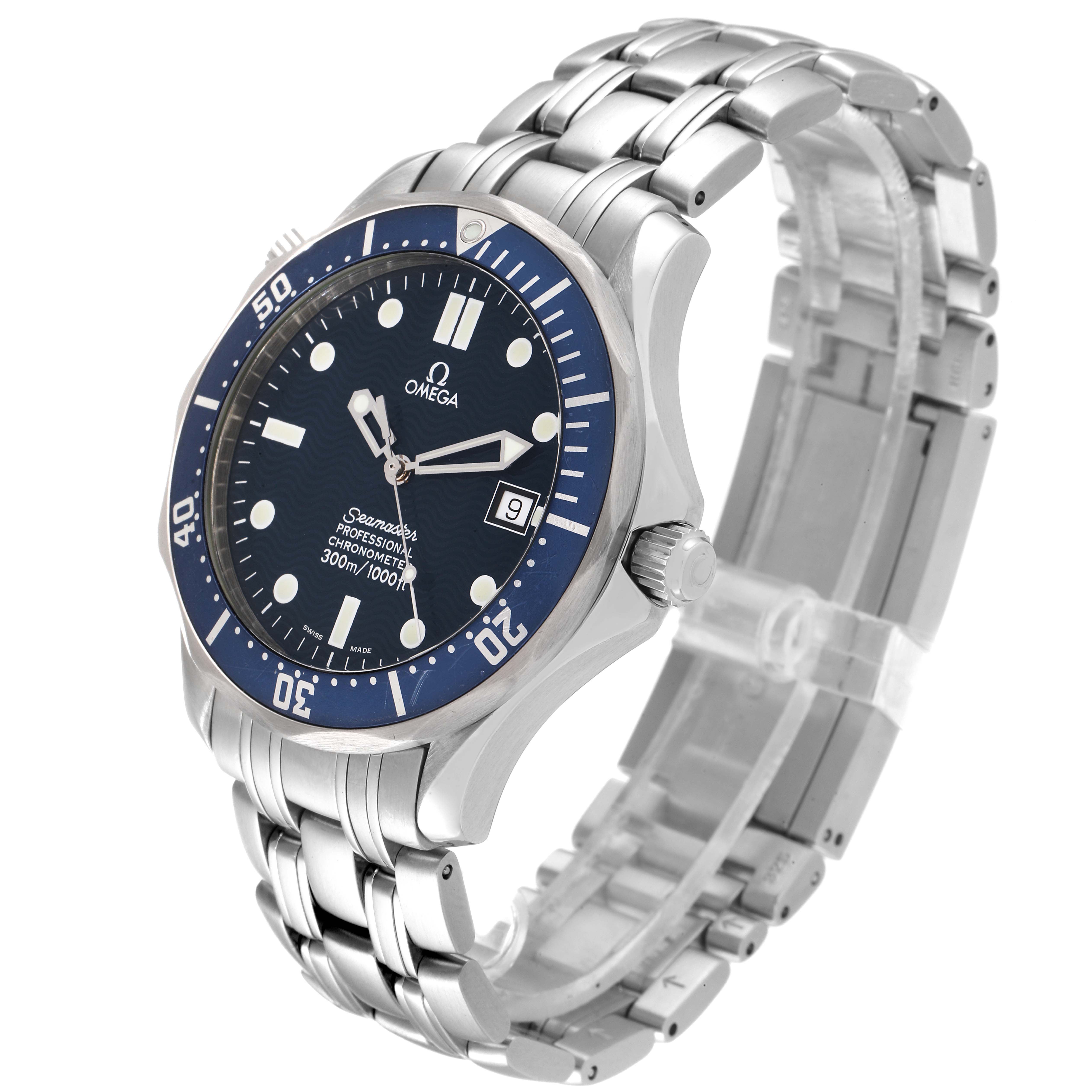 The Omega Seamaster 2531.80.00 Men's Stainless Steel Blue Dial 2531.80.00 Men's Stainless Steel Blue Dial watch is shown at a three-quarter angle, displaying the face, bezel, crown, and stainless steel bracelet.