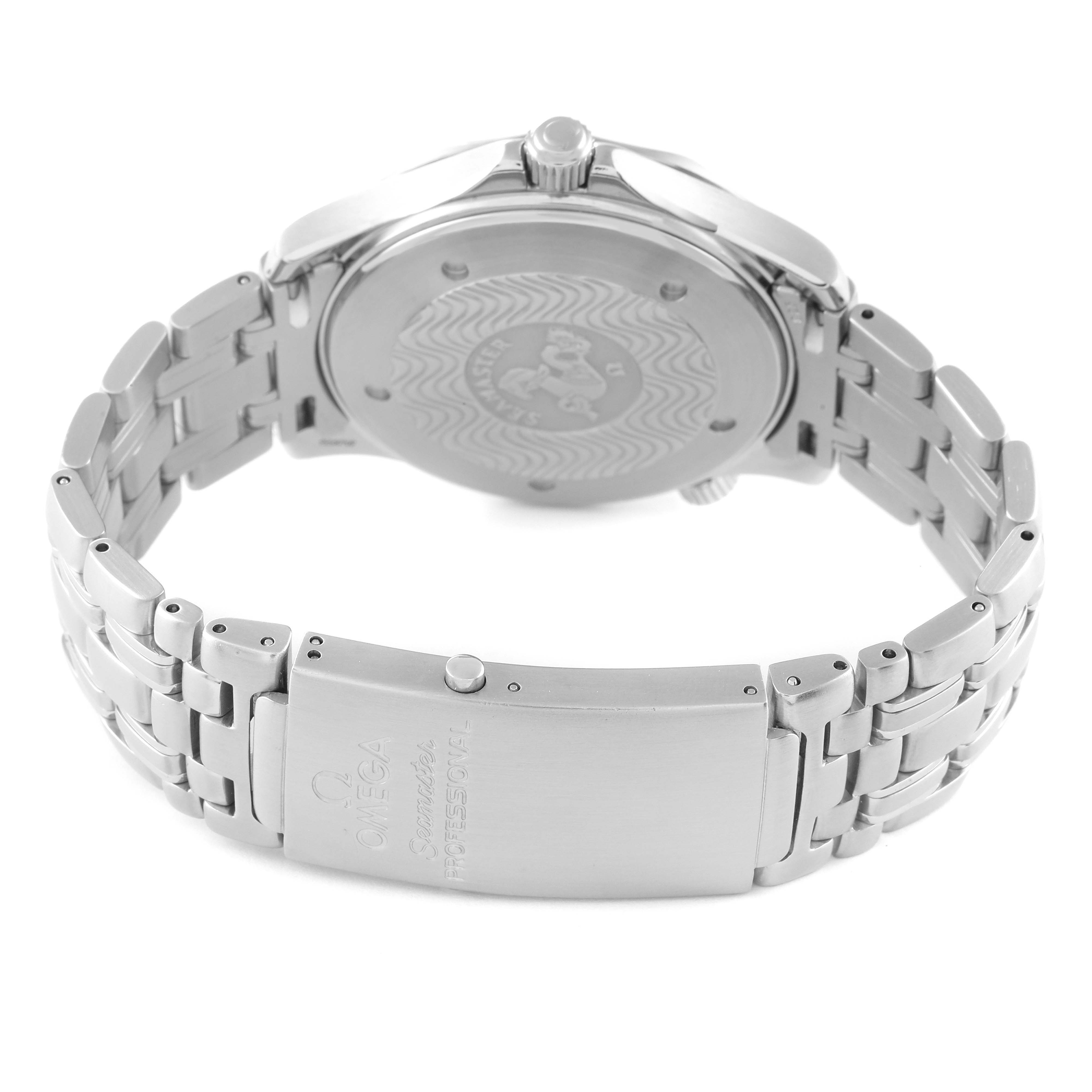 The image shows the back case and clasp of an Omega Seamaster 2531.80.00 Men's Stainless Steel Blue Dial 2531.80.00 Men's Stainless Steel Blue Dial watch from a rear angle.