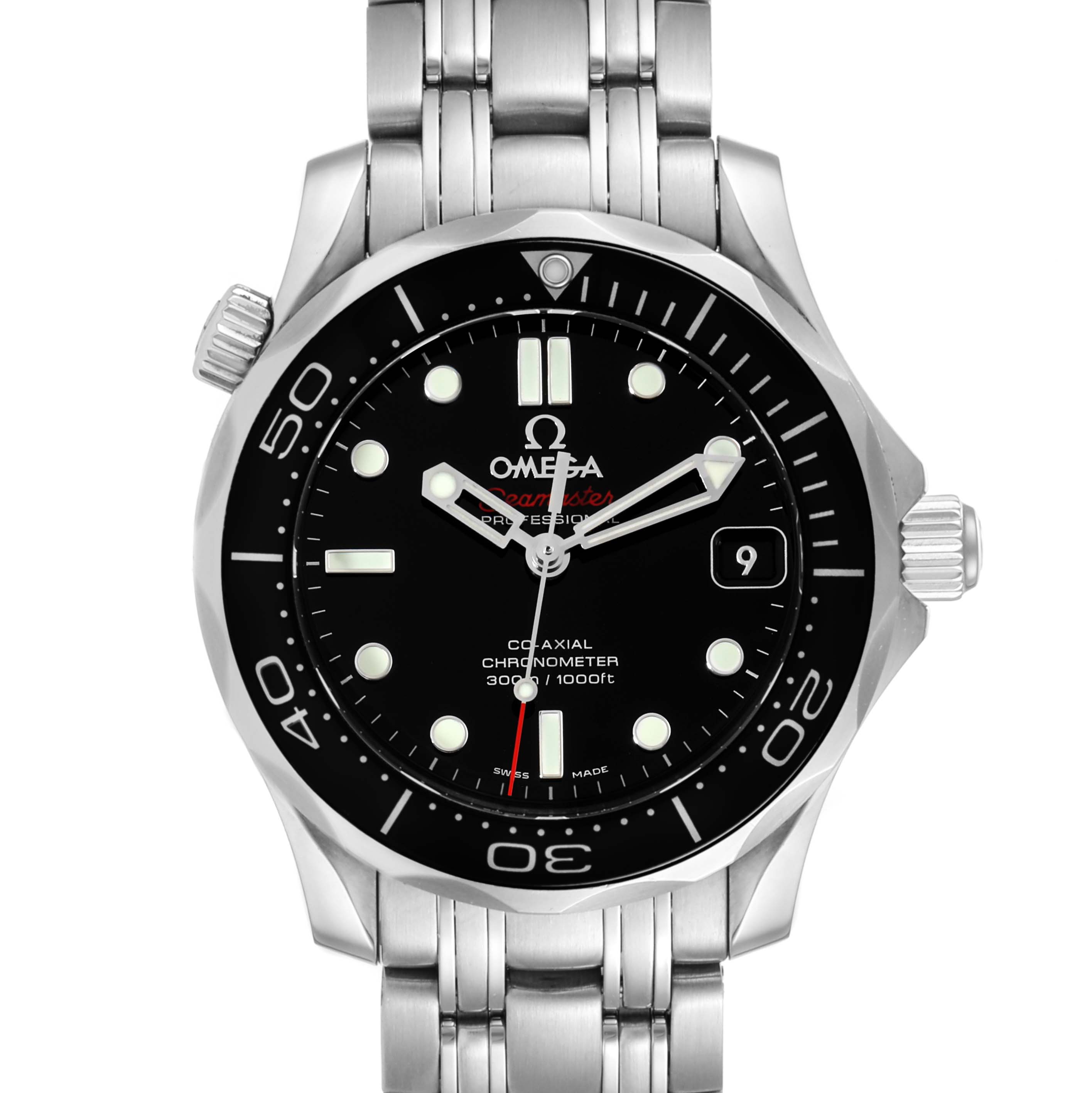 The Omega Seamaster 212.30.36.20.01.002 Men
s Stainless Steel Black Dial 212.30.36.20.01.002 Men
s Stainless Steel Black Dial watch is shown from the front, showcasing its black dial, stainless steel case, and metal bracelet.