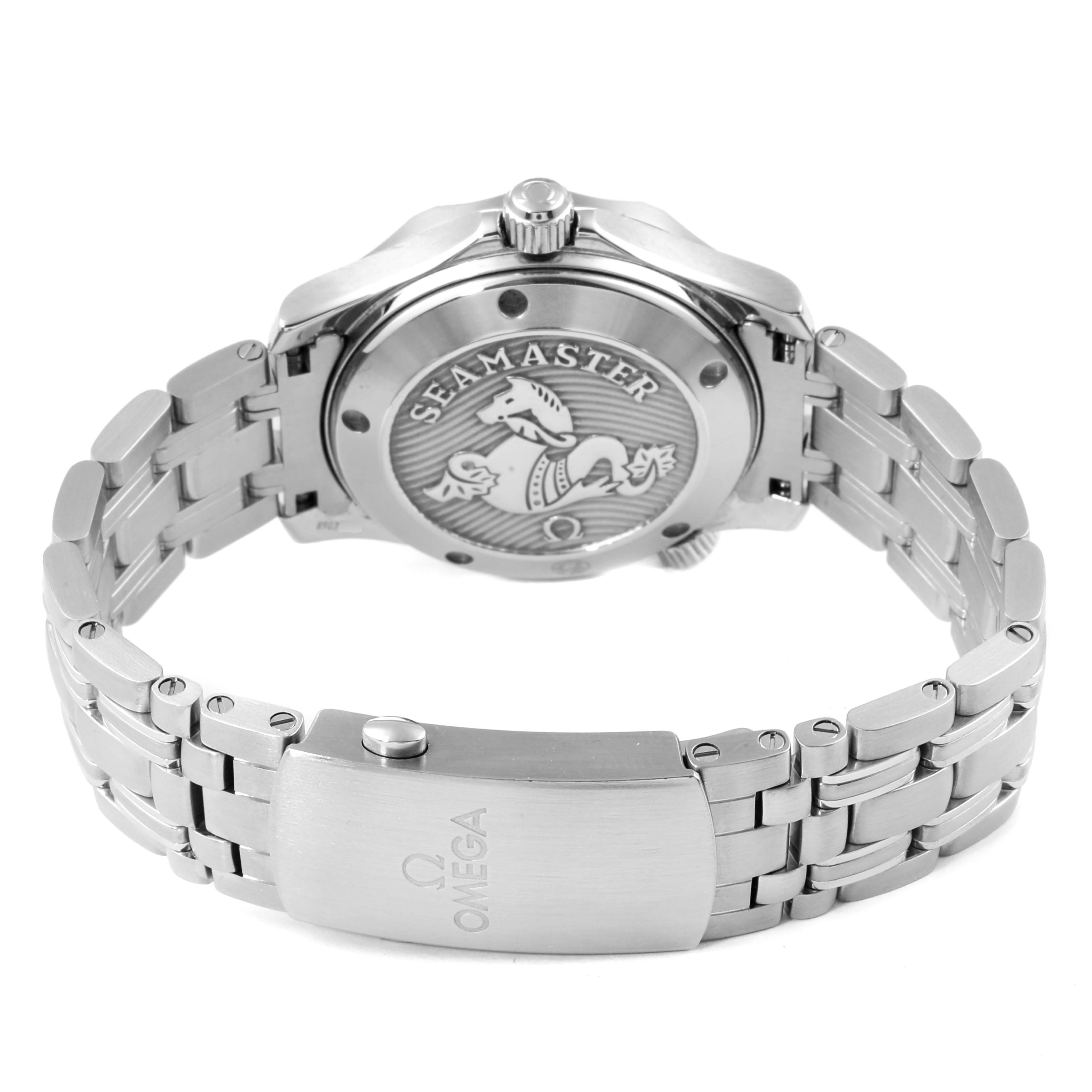 The image shows the back case and bracelet of an Omega Seamaster 212.30.36.20.01.002 Men
s Stainless Steel Black Dial 212.30.36.20.01.002 Men
s Stainless Steel Black Dial watch, showcasing its engraved case back and clasp.