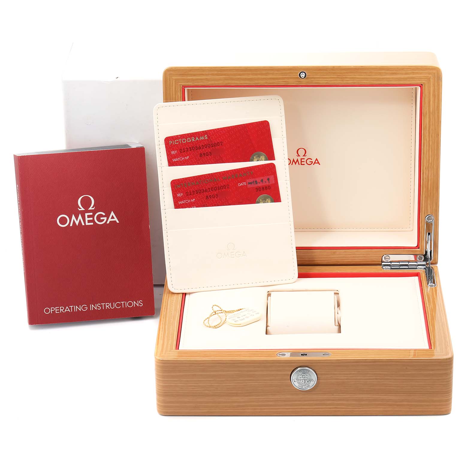 The image shows the Omega Seamaster 212.30.36.20.01.002 Men
s Stainless Steel Black Dial 212.30.36.20.01.002 Men
s Stainless Steel Black Dial watch box, instruction manual, warranty cards, and additional accessories.