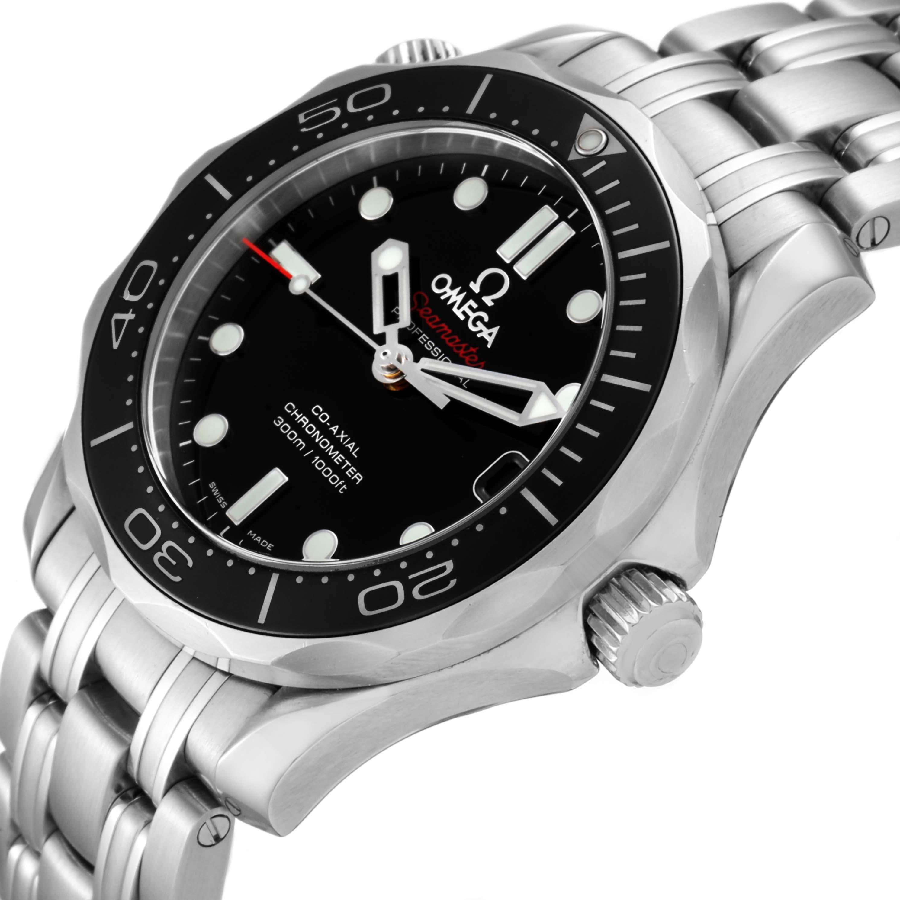 This image shows an angled view of the Omega Seamaster 212.30.36.20.01.002 Men
s Stainless Steel Black Dial 212.30.36.20.01.002 Men
s Stainless Steel Black Dial watch, highlighting the dial, bezel, and stainless steel bracelet.