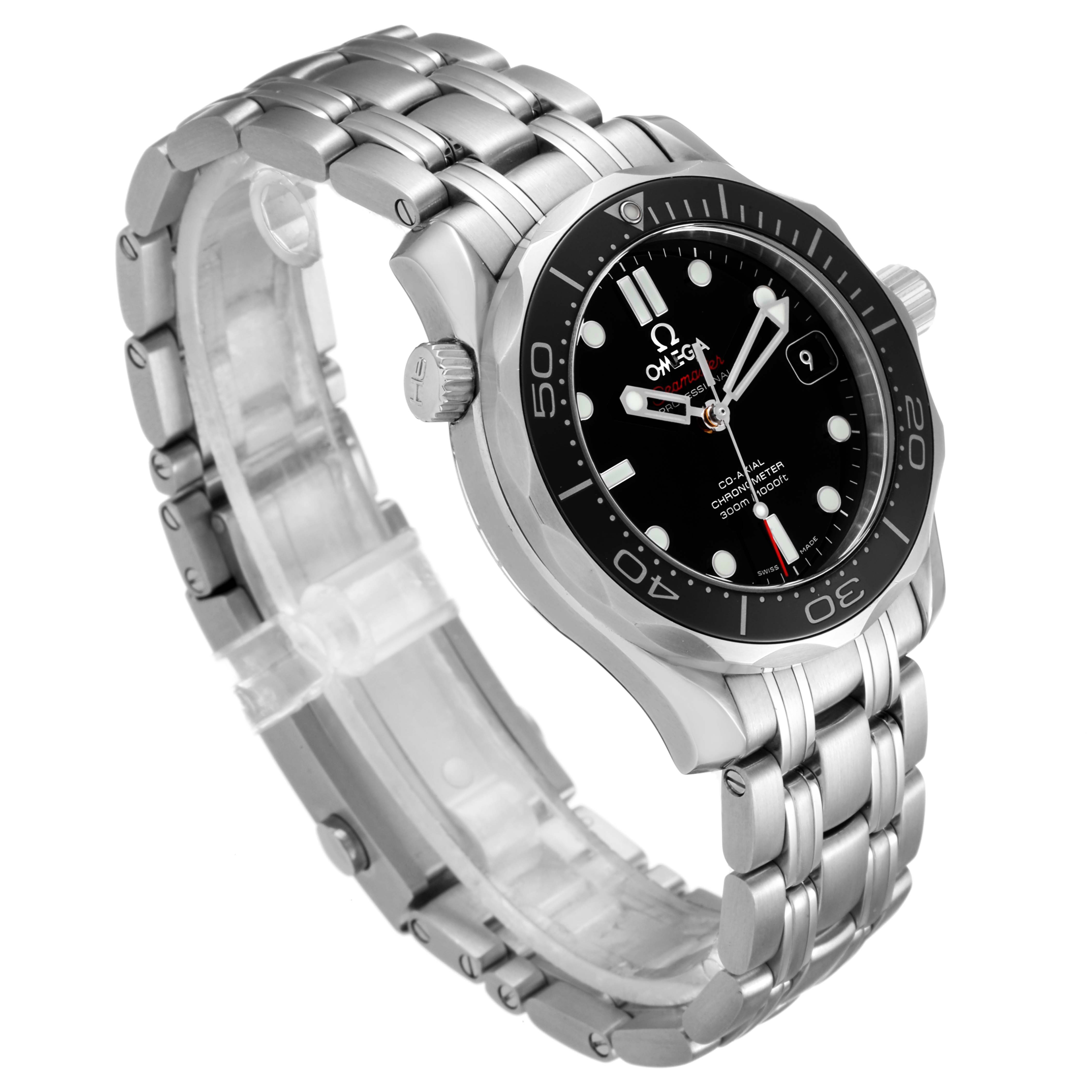 The Omega Seamaster 212.30.36.20.01.002 Men
s Stainless Steel Black Dial 212.30.36.20.01.002 Men
s Stainless Steel Black Dial watch is shown at a three-quarter angle displaying the face, bezel, crown, and bracelet.