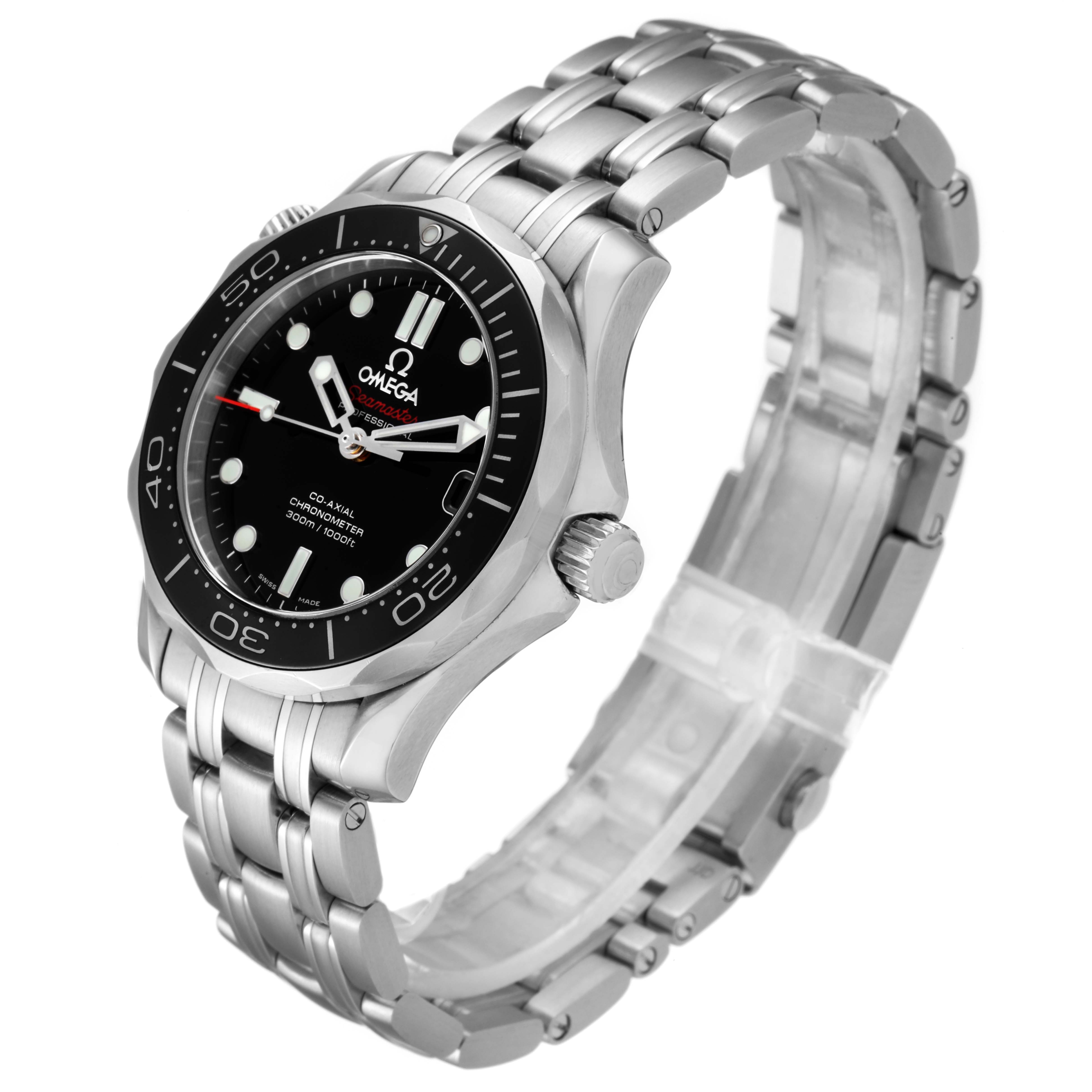 The Omega Seamaster 212.30.36.20.01.002 Men
s Stainless Steel Black Dial 212.30.36.20.01.002 Men
s Stainless Steel Black Dial watch is shown at a three-quarter angle, displaying the face, bezel, crown, and metal bracelet.