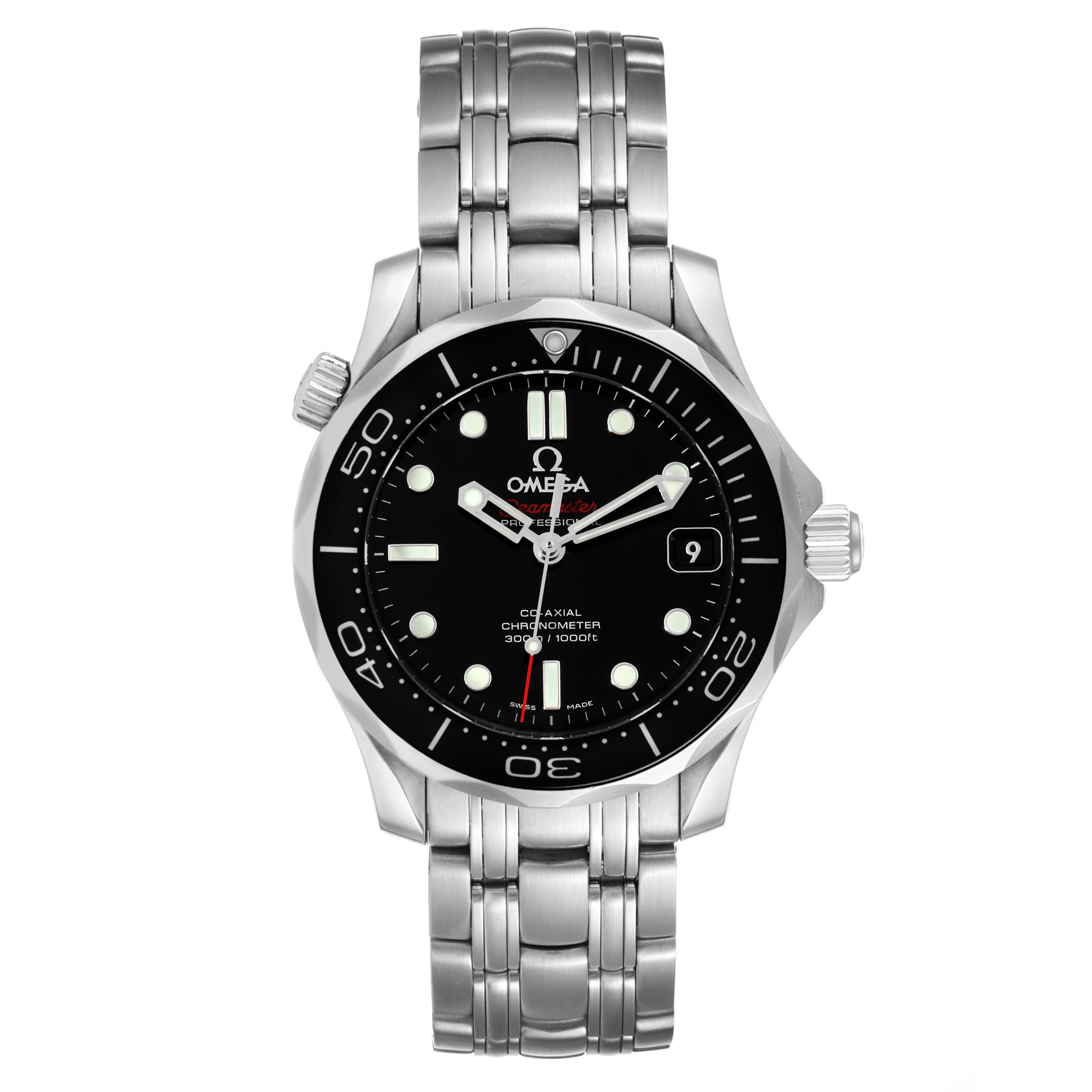 The image shows a full frontal view of an Omega Seamaster 212.30.36.20.01.002 Men
s Stainless Steel Black Dial 212.30.36.20.01.002 Men
s Stainless Steel Black Dial watch, including the face, bezel, and part of the metal bracelet.