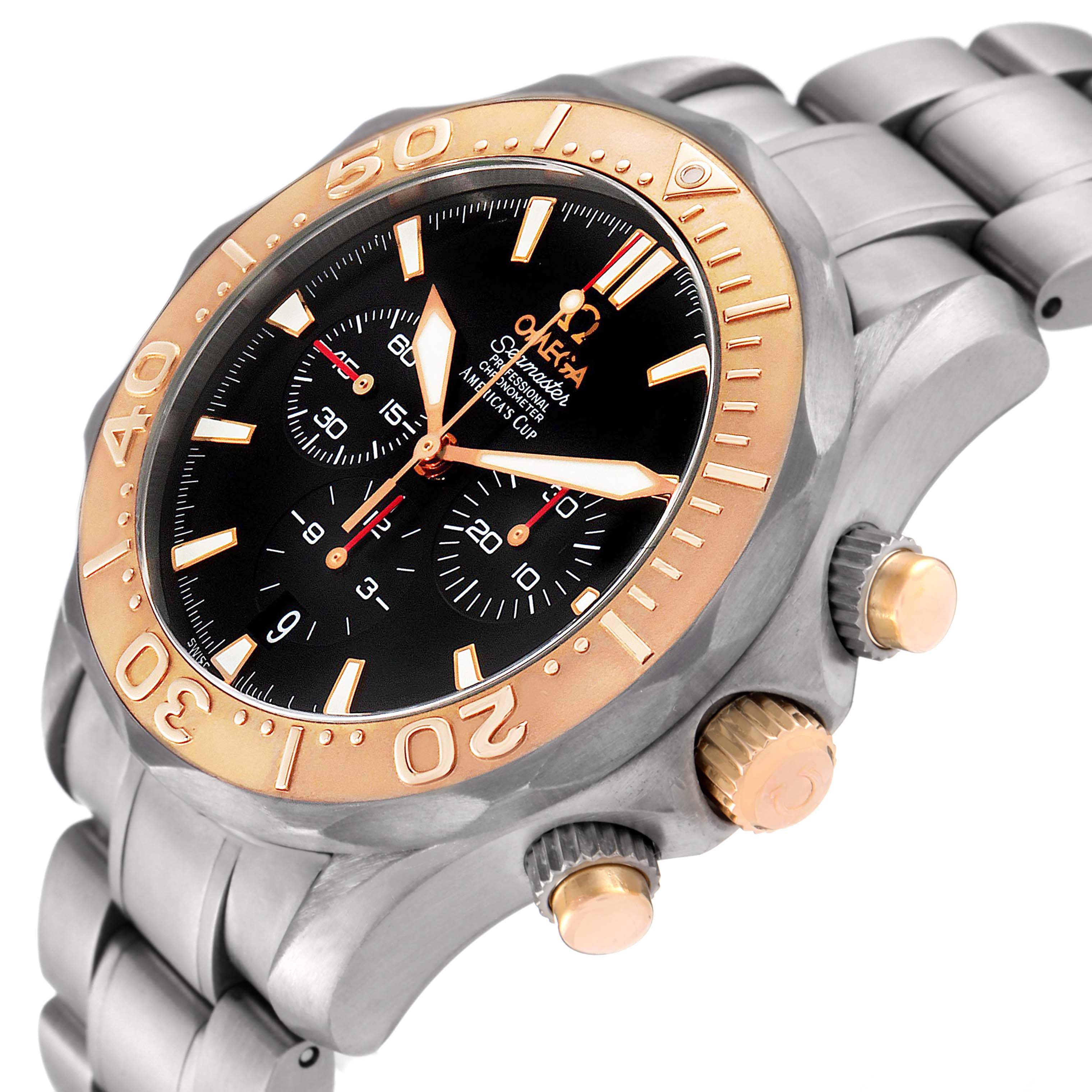 The Omega Seamaster 2294.50.00 Men's Titanium Black Dial 2294.50.00 Men's Titanium Black Dial model watch is shown at an oblique angle, highlighting the bezel, dial, and pushers.