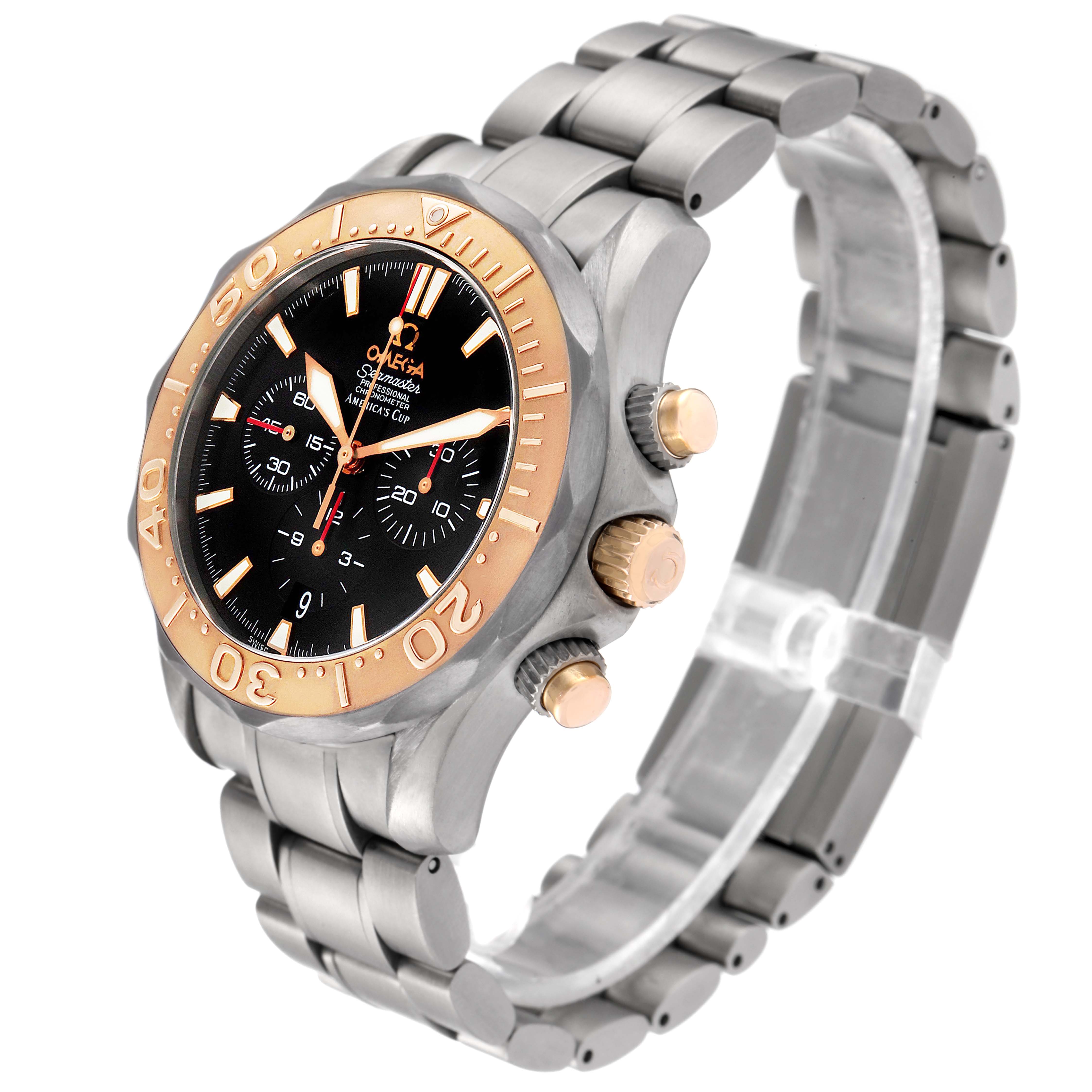 The Omega Seamaster 2294.50.00 Men's Titanium Black Dial 2294.50.00 Men's Titanium Black Dial model watch is shown at an angled side view, highlighting the bezel, dial, pushers, and bracelet.