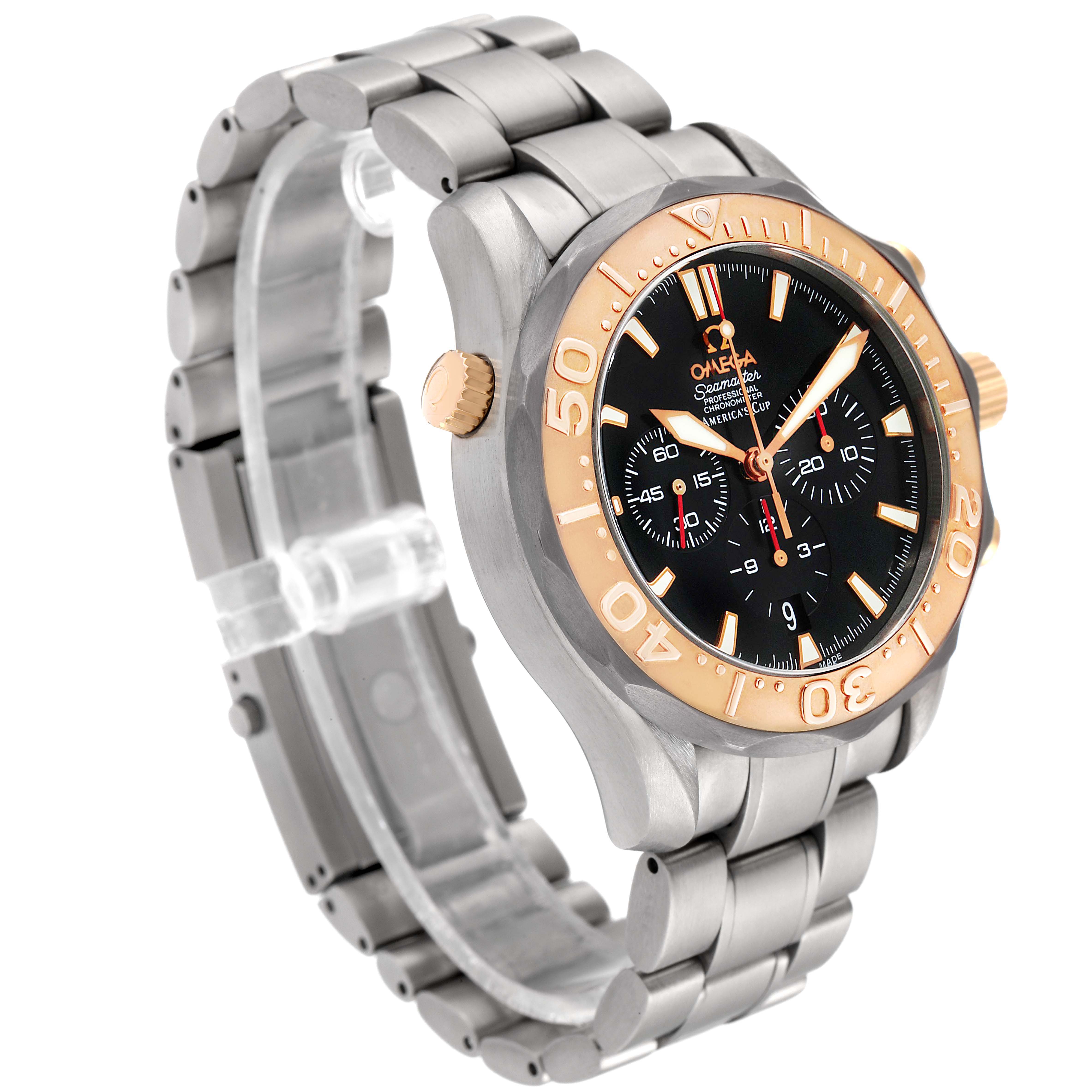 The image shows an Omega Seamaster 2294.50.00 Men's Titanium Black Dial 2294.50.00 Men's Titanium Black Dial watch at a three-quarter angle, highlighting the dial, bezel, crown, and bracelet.