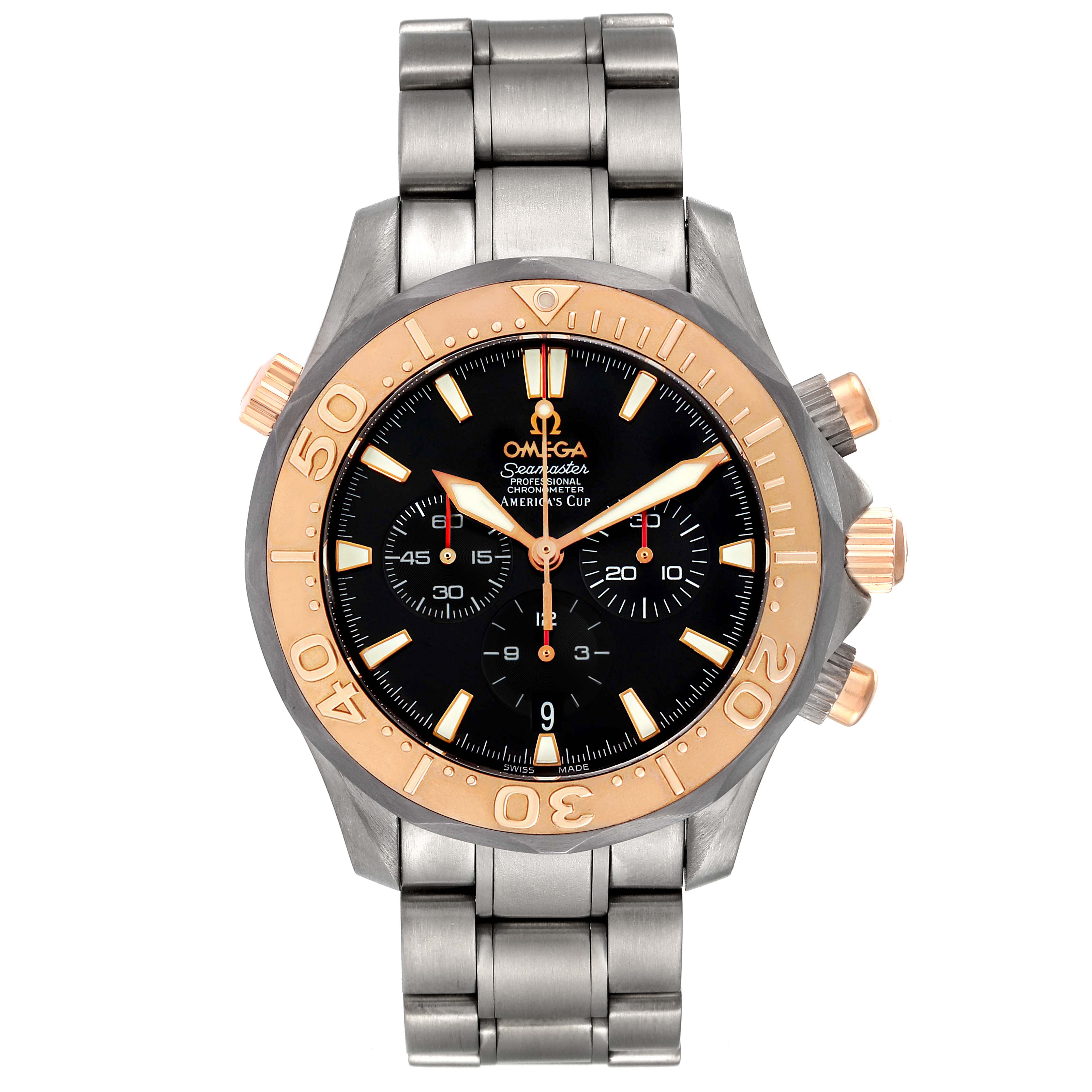 The Omega Seamaster 2294.50.00 Men's Titanium Black Dial 2294.50.00 Men's Titanium Black Dial watch is shown from the front, highlighting its bezel, dial, hands, chronograph subdials, and metal bracelet.