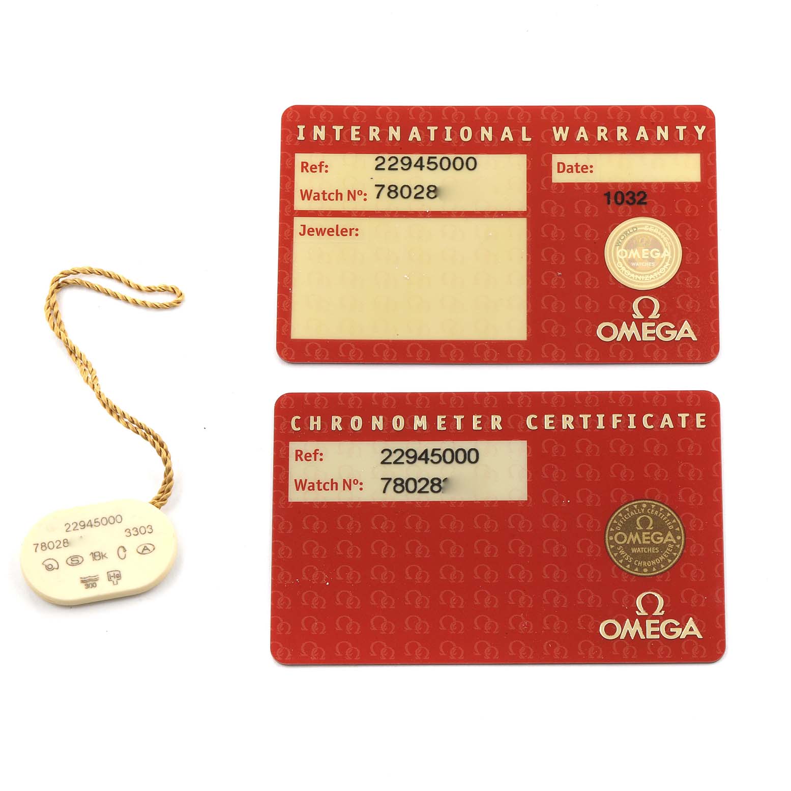 The image shows the international warranty and chronometer certificate cards for an Omega Seamaster 2294.50.00 Men's Titanium Black Dial 2294.50.00 Men's Titanium Black Dial watch, alongside a serial number tag.