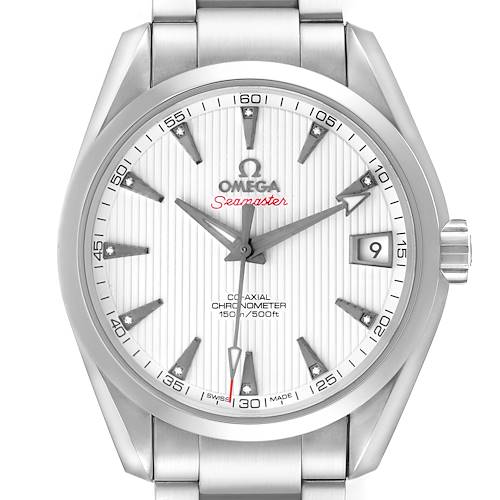 The Omega Aqua Terra 231.10.39.21.54.001 Men's Stainless Steel White Dial watch is shown from a front angle, displaying its dial, markers, hands, date window, and part of the bracelet.