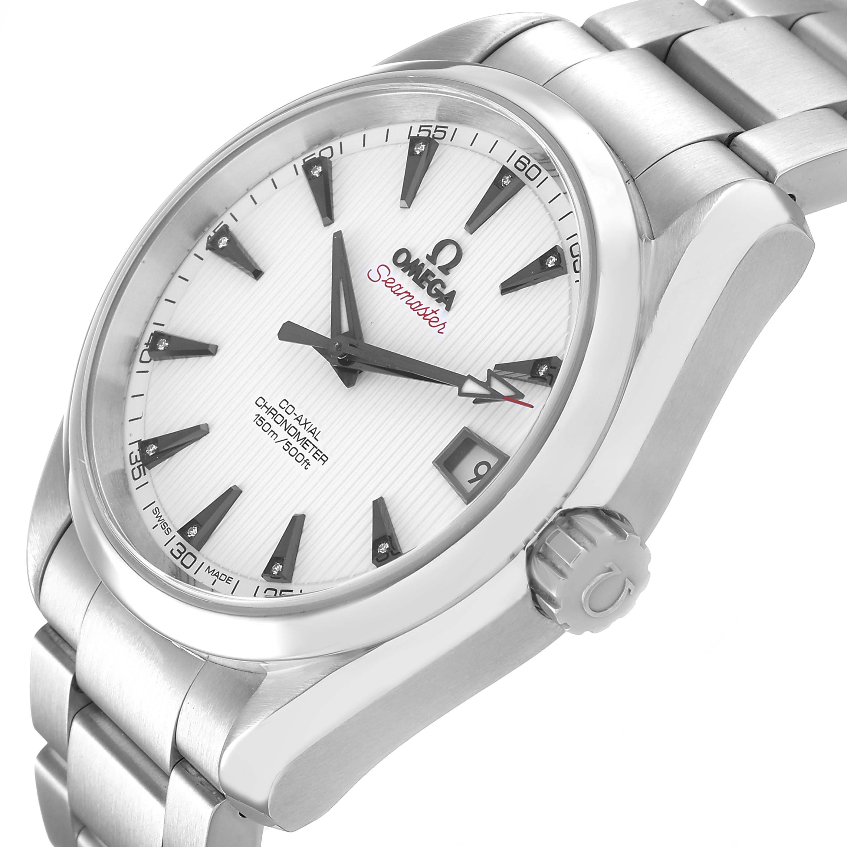 The Omega Aqua Terra 231.10.39.21.54.001 Men's Stainless Steel White Dial watch is shown at a slight side angle, displaying the face, bezel, crown, and part of the bracelet.