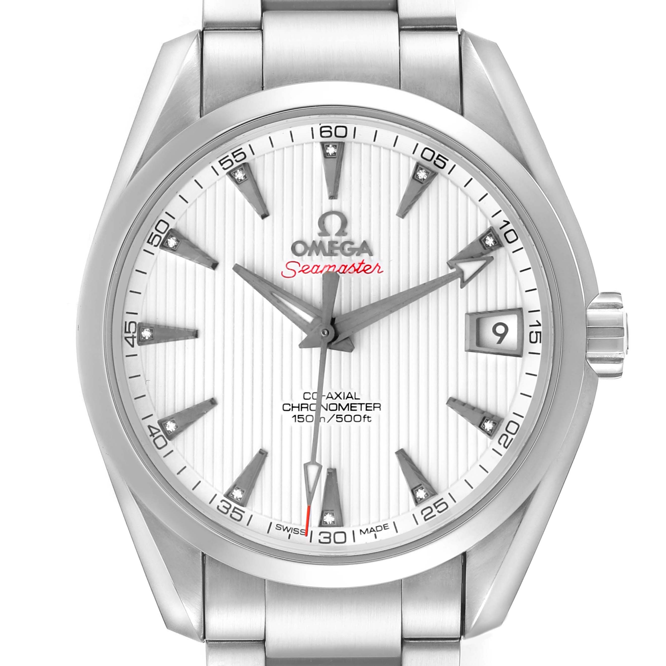 The Omega Aqua Terra 231.10.39.21.54.001 Men's Stainless Steel White Dial watch is shown from a front angle highlighting the dial, hands, date, and part of the bracelet.
