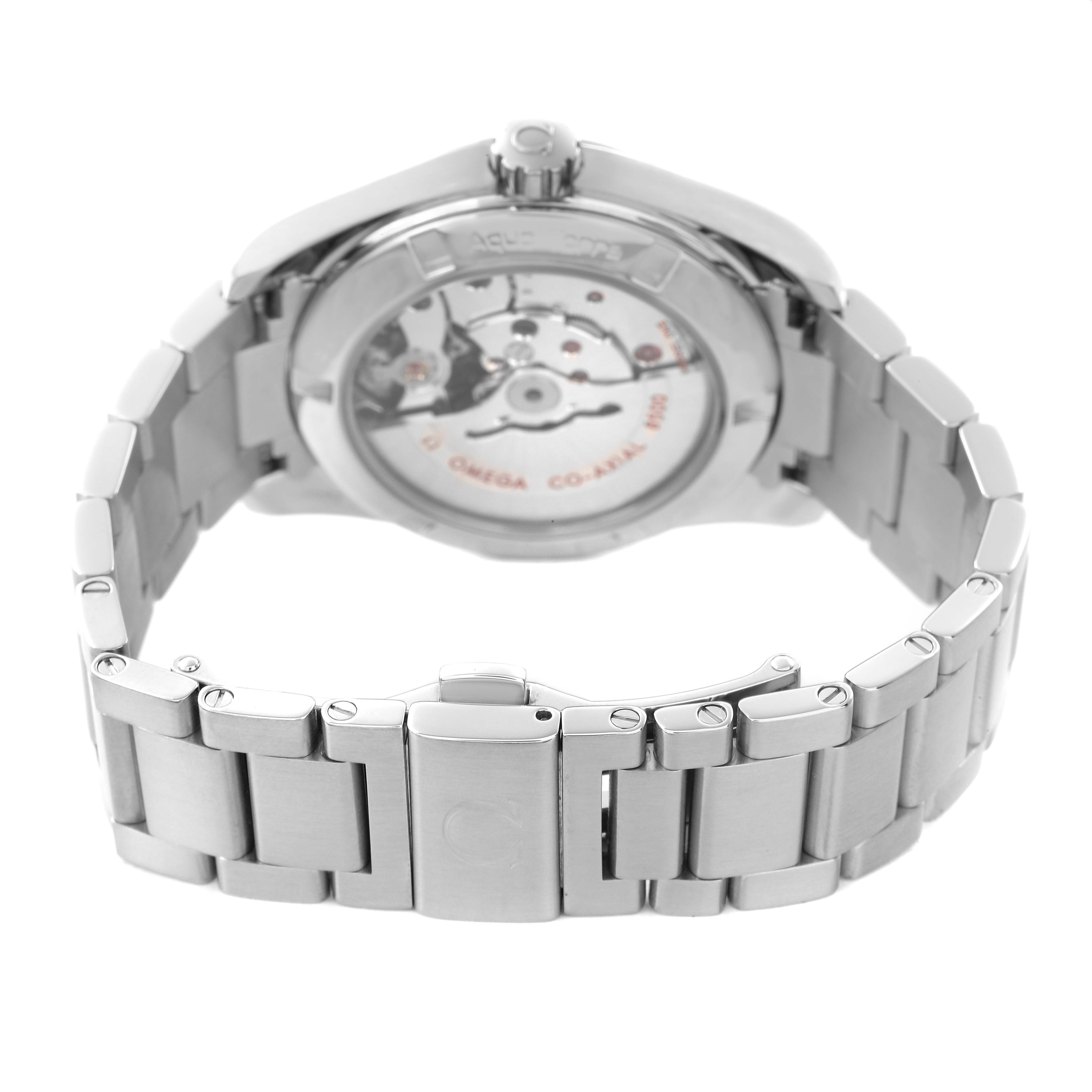 The Omega Aqua Terra 231.10.39.21.54.001 Men's Stainless Steel White Dial watch is shown from the back, highlighting its bracelet and open case back.