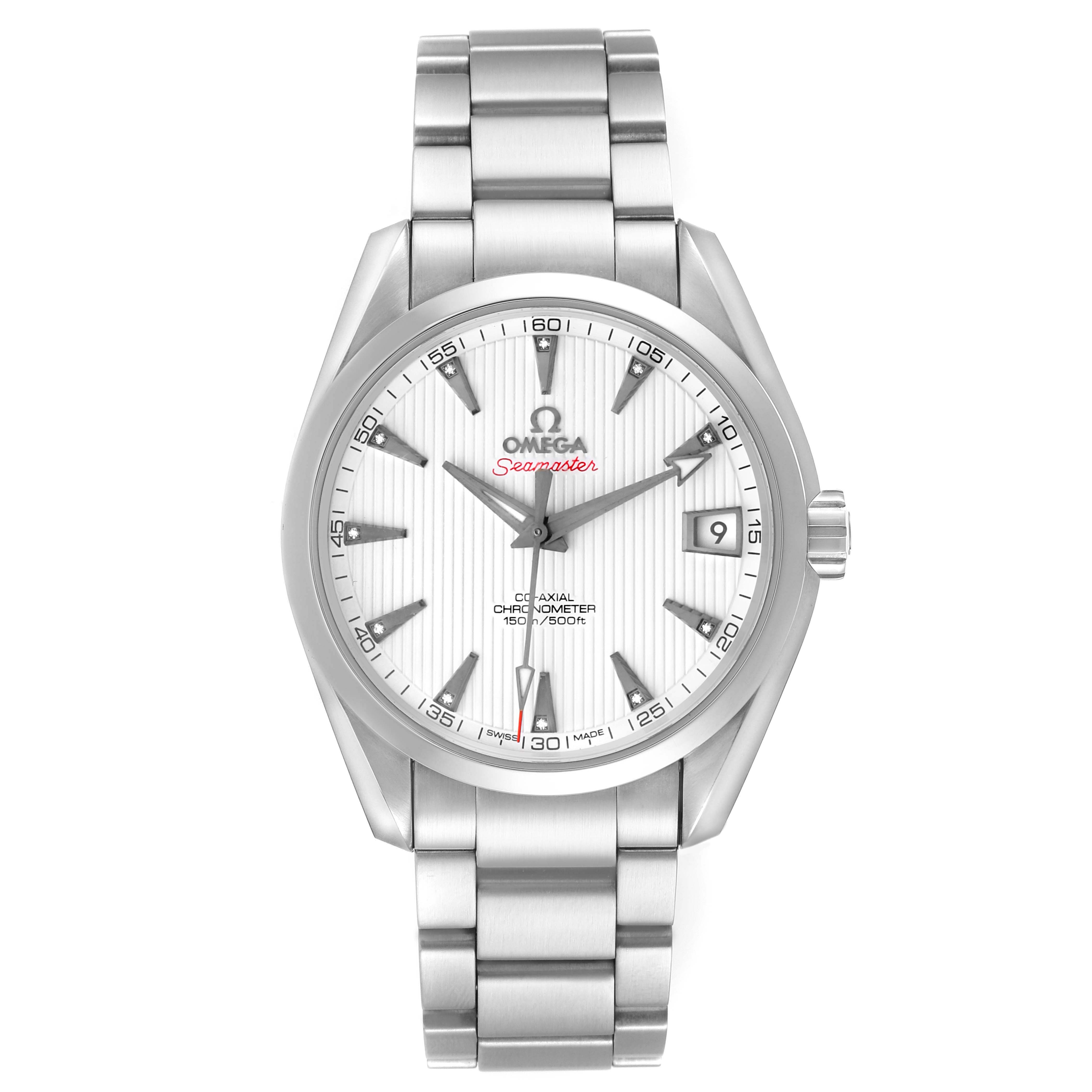 The Omega Aqua Terra 231.10.39.21.54.001 Men's Stainless Steel White Dial watch is shown from a front angle, displaying its face, dial, hands, date window, and bracelet.