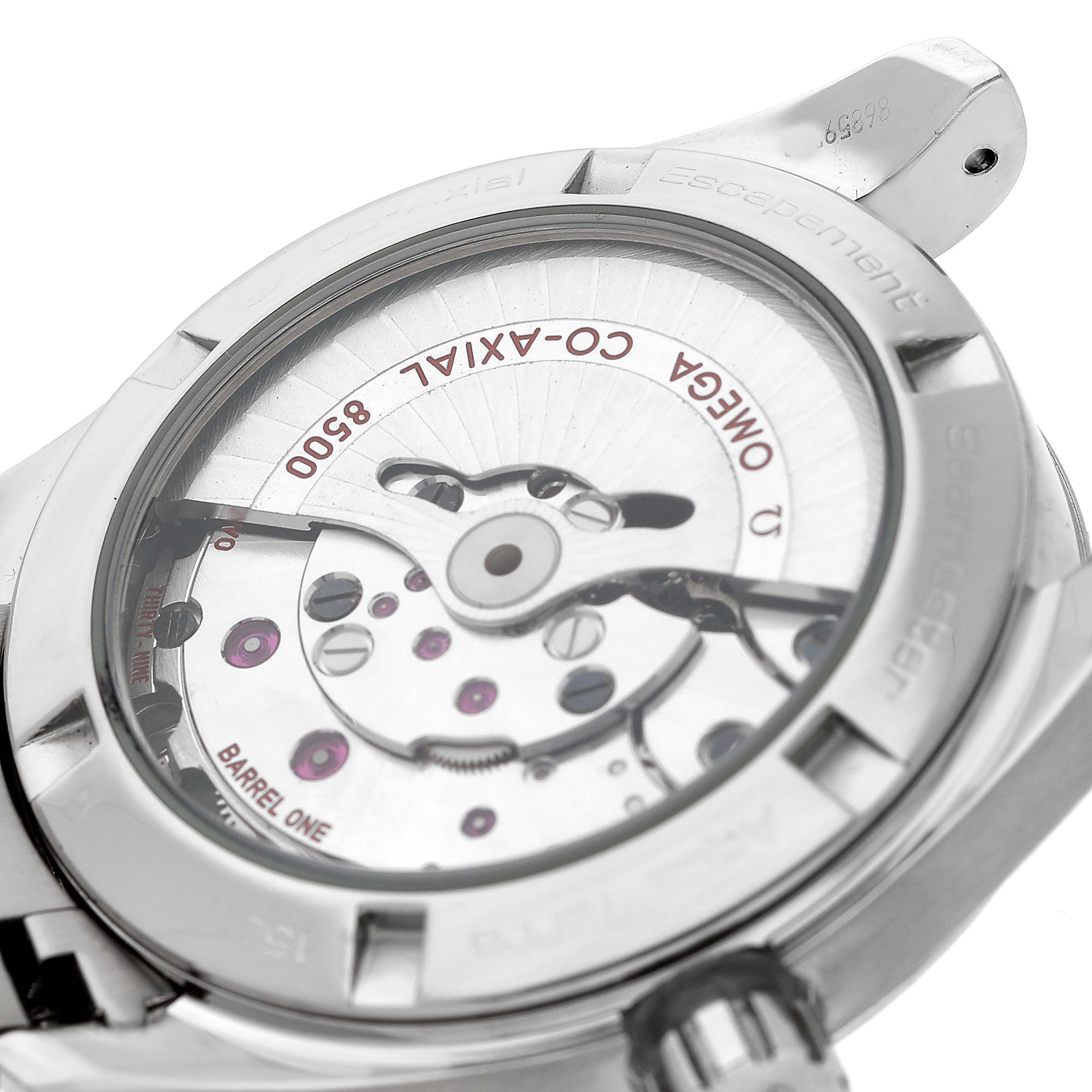The image shows the back of the Omega Aqua Terra 231.10.39.21.54.001 Men's Stainless Steel White Dial watch, highlighting its Co-Axial 8500 movement.