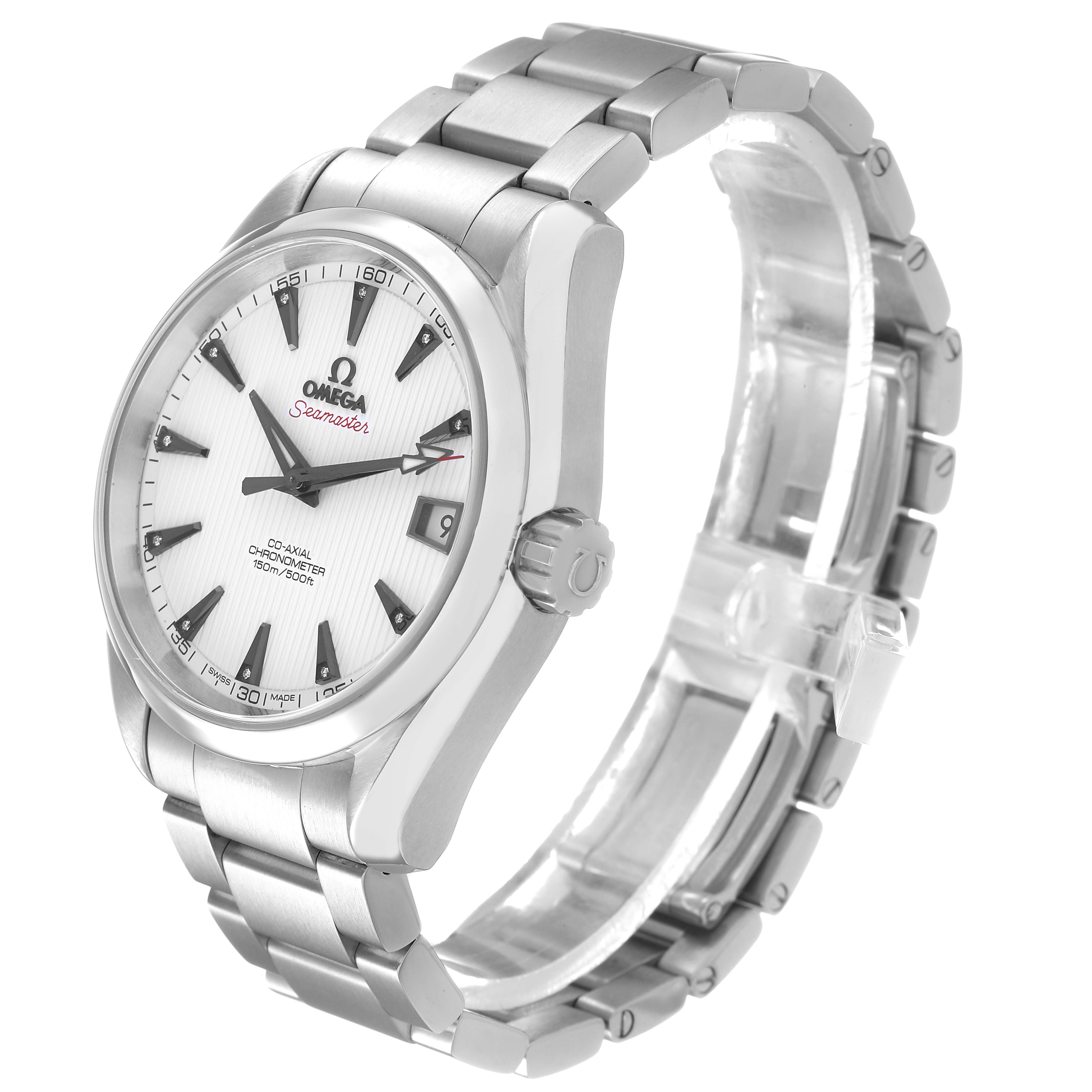 The Omega Aqua Terra 231.10.39.21.54.001 Men's Stainless Steel White Dial watch is shown at a three-quarter angle, displaying the face, band, and crown.