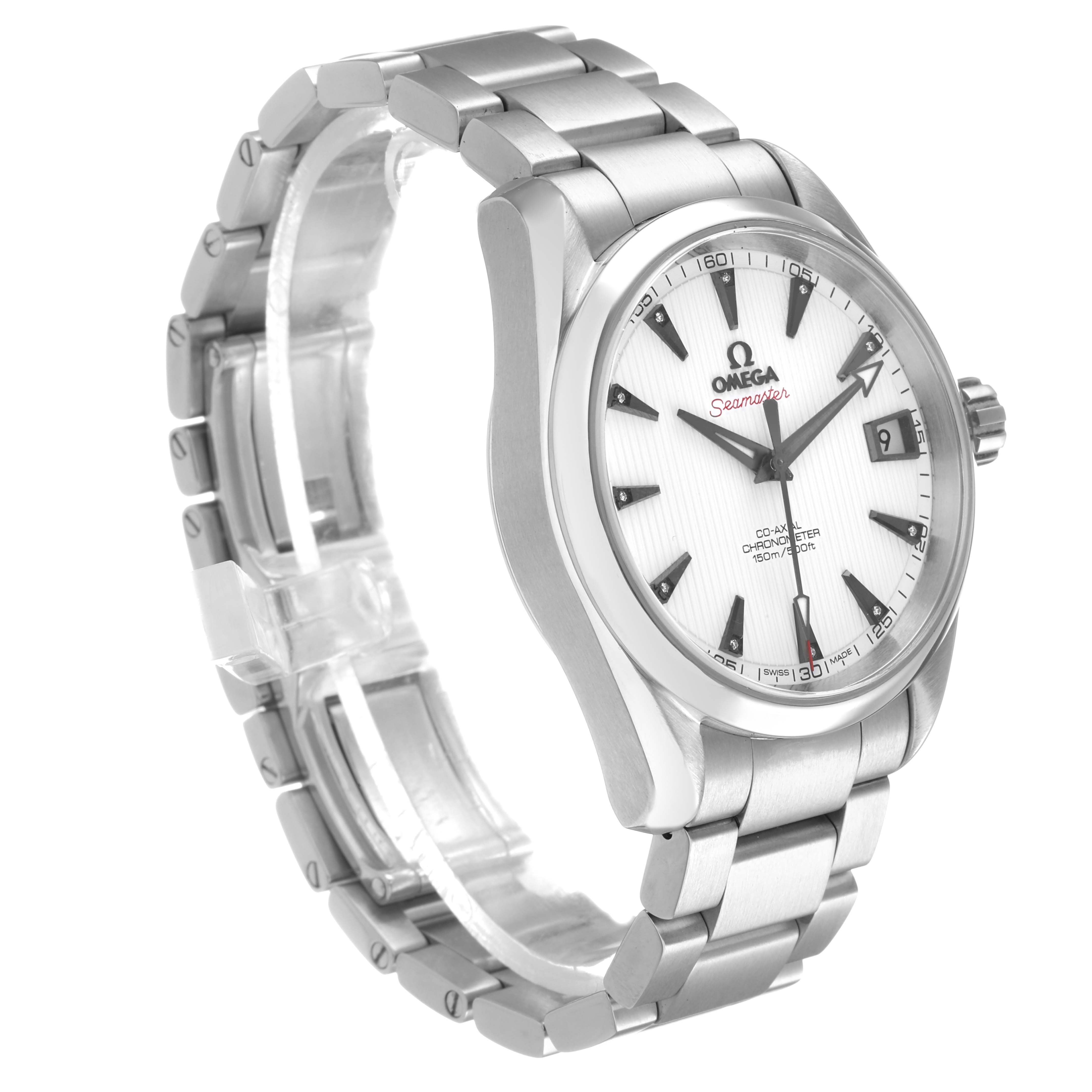 The Omega Aqua Terra 231.10.39.21.54.001 Men's Stainless Steel White Dial watch is shown at a three-quarter angle, highlighting its face, bezel, and part of the bracelet.