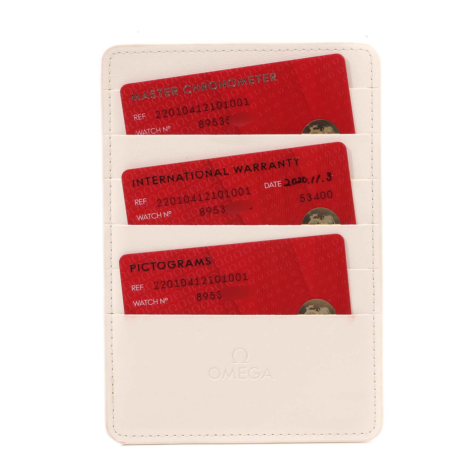 This image shows the warranty and certification cards for the Omega Aqua Terra 220.10.41.21.01.001 Men's Stainless Steel Black Dial 220.10.41.21.01.001 Men's Stainless Steel Black Dial model in a cardholder.