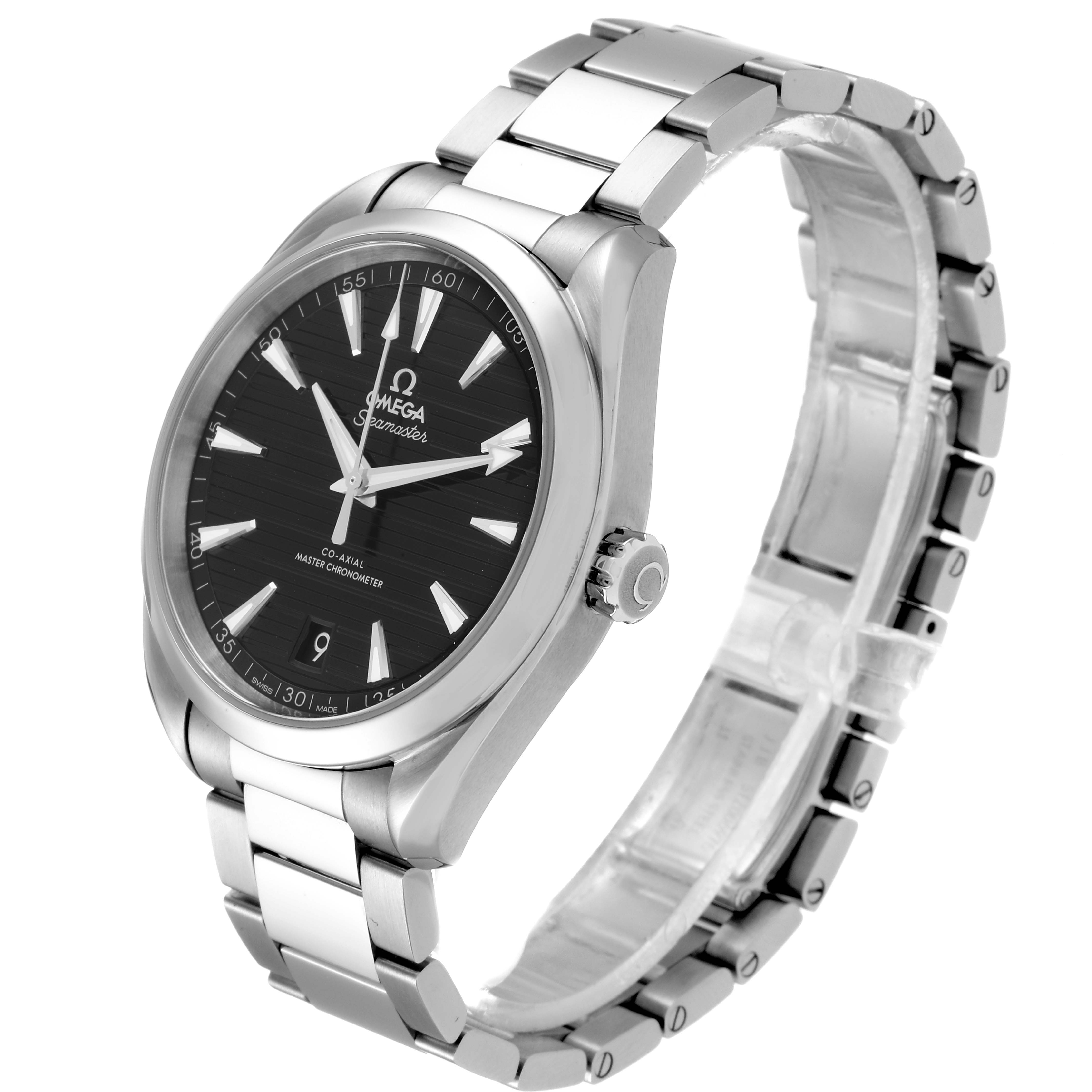 The Omega Aqua Terra 220.10.41.21.01.001 Men's Stainless Steel Black Dial 220.10.41.21.01.001 Men's Stainless Steel Black Dial watch is shown at a front-side angle, highlighting the dial, bezel, case, and metal bracelet.