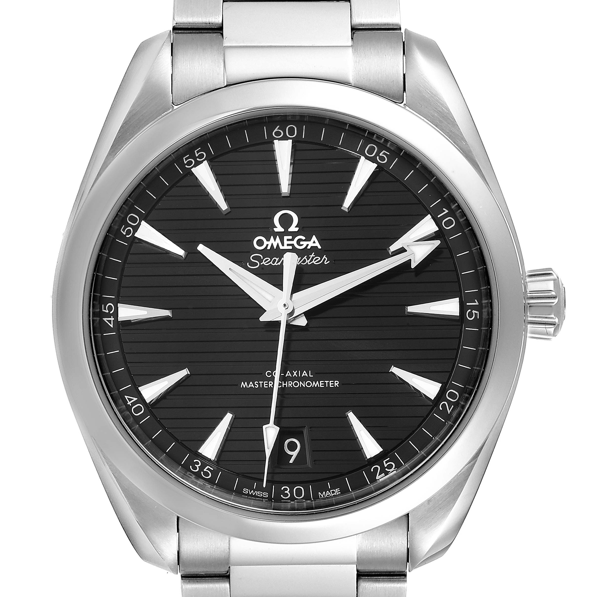 The image shows a front view of the Omega Aqua Terra 220.10.41.21.01.001 Men's Stainless Steel Black Dial 220.10.41.21.01.001 Men's Stainless Steel Black Dial model watch, displaying the dial, hands, date window, and part of the bracelet.