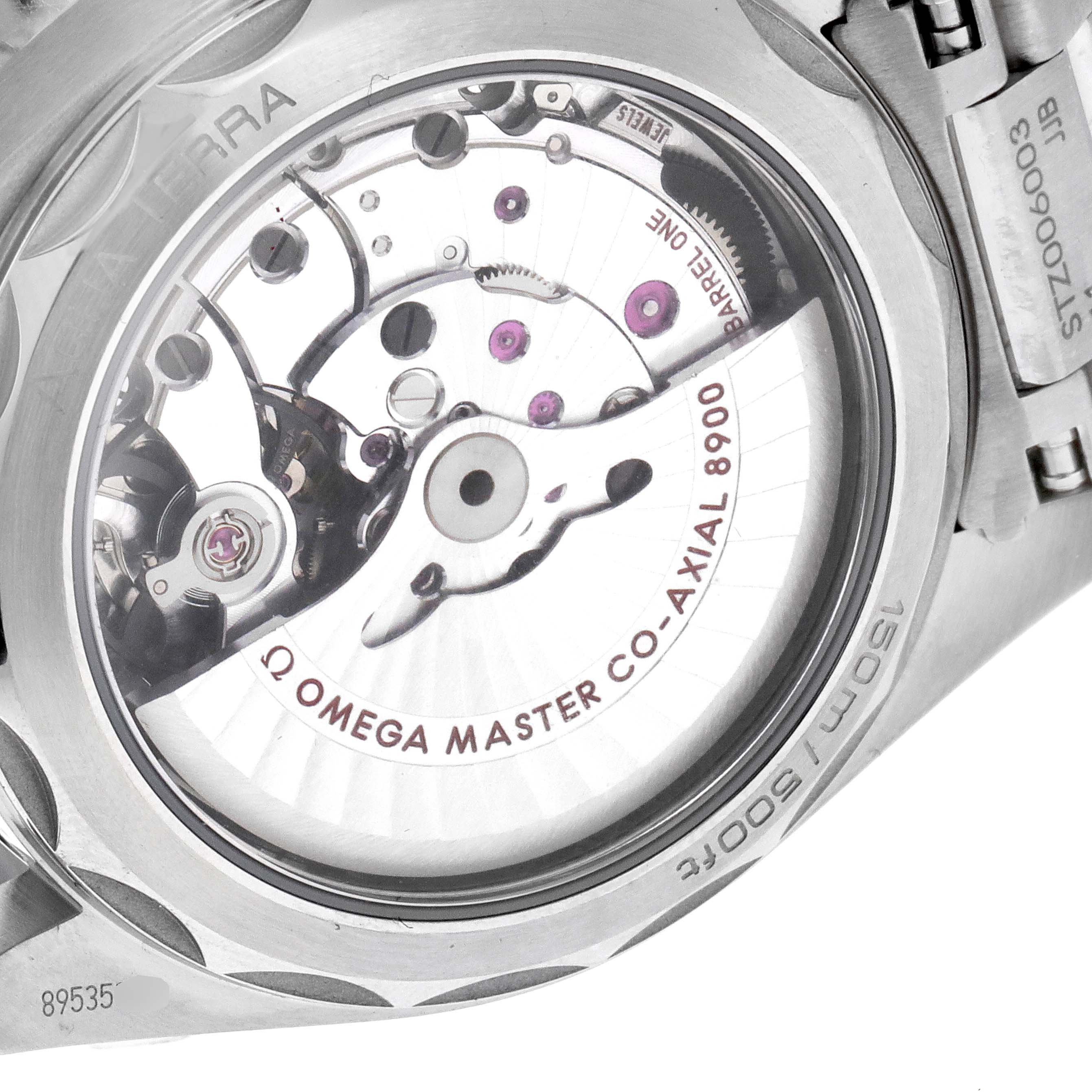 The image shows the back of the Omega Aqua Terra 220.10.41.21.01.001 Men's Stainless Steel Black Dial 220.10.41.21.01.001 Men's Stainless Steel Black Dial watch, highlighting the exposed inner movement and the "OMEGA MASTER CO-AXIAL" inscription.