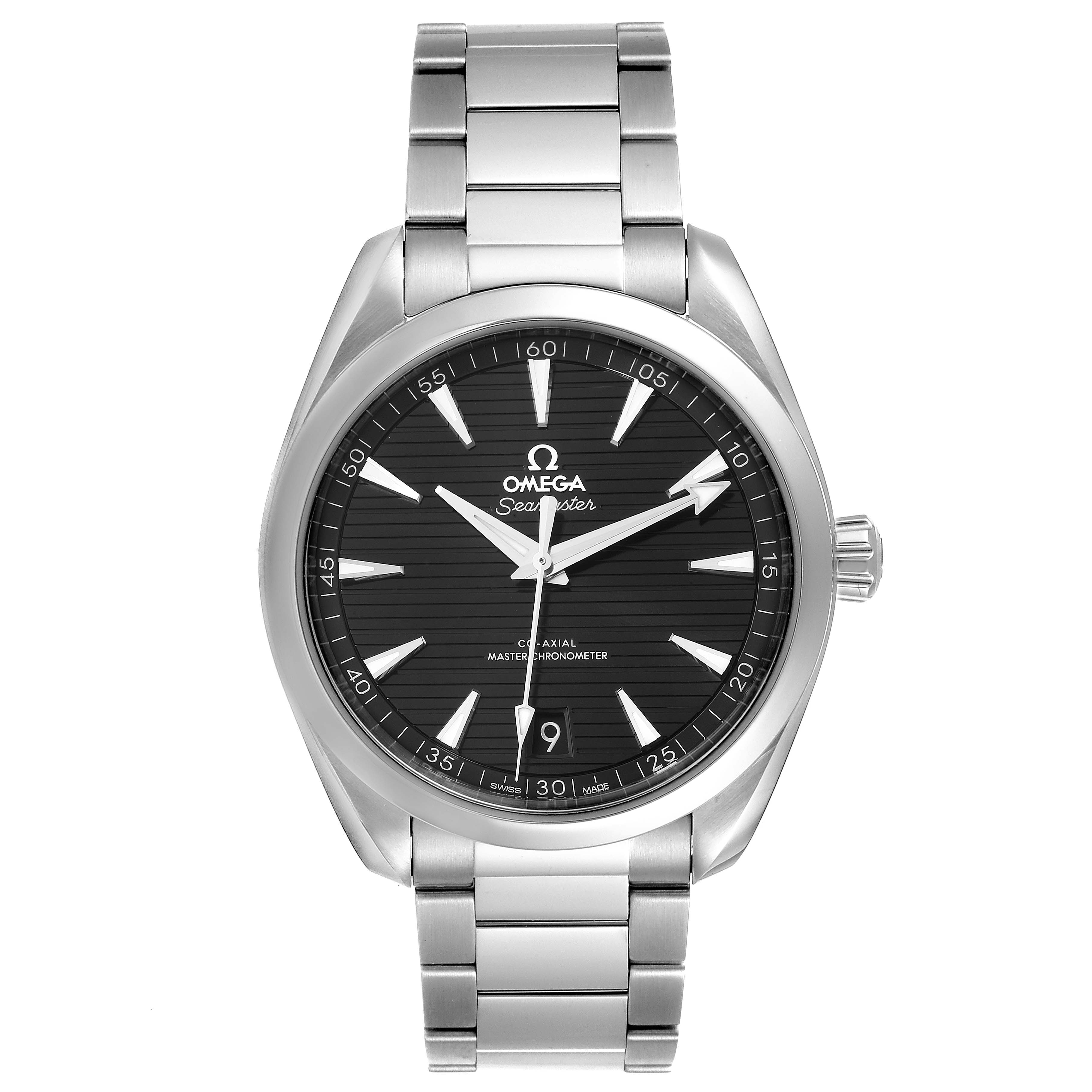 The image shows a front view of the Omega Aqua Terra 220.10.41.21.01.001 Men's Stainless Steel Black Dial 220.10.41.21.01.001 Men's Stainless Steel Black Dial watch, highlighting its dial, hands, bezel, and bracelet.