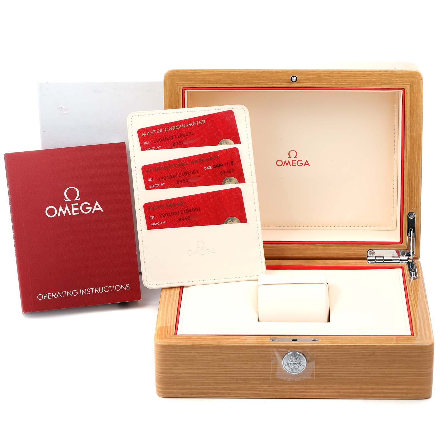 The image shows an open wooden Omega watch box displaying the Omega Aqua Terra 220.10.41.21.01.001 Men's Stainless Steel Black Dial 220.10.41.21.01.001 Men's Stainless Steel Black Dial model's warranty cards and operating instructions manual.