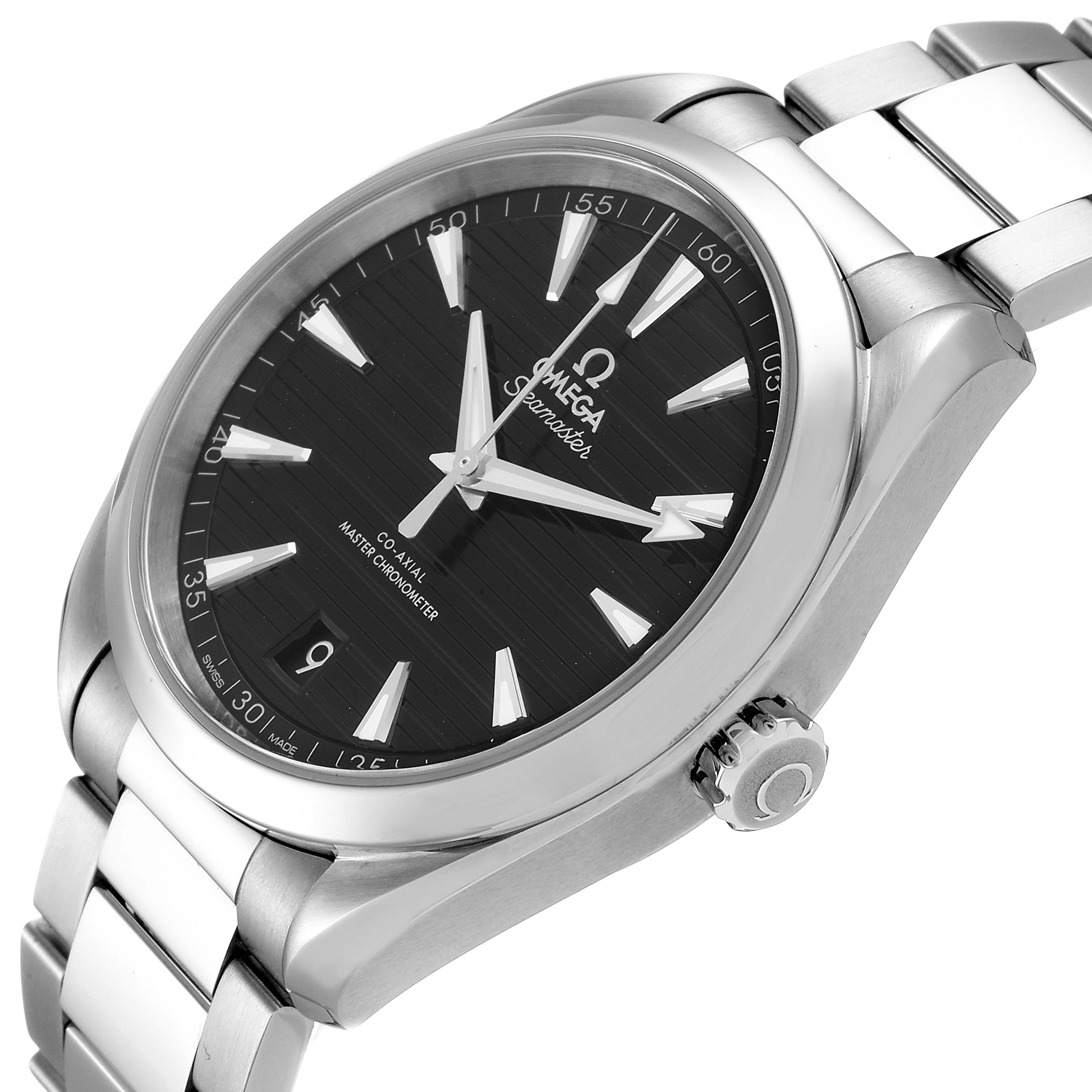 The image shows a 3/4 angle view of the Omega Aqua Terra 220.10.41.21.01.001 Men's Stainless Steel Black Dial 220.10.41.21.01.001 Men's Stainless Steel Black Dial watch, highlighting its dial, bezel, crown, and part of the bracelet.