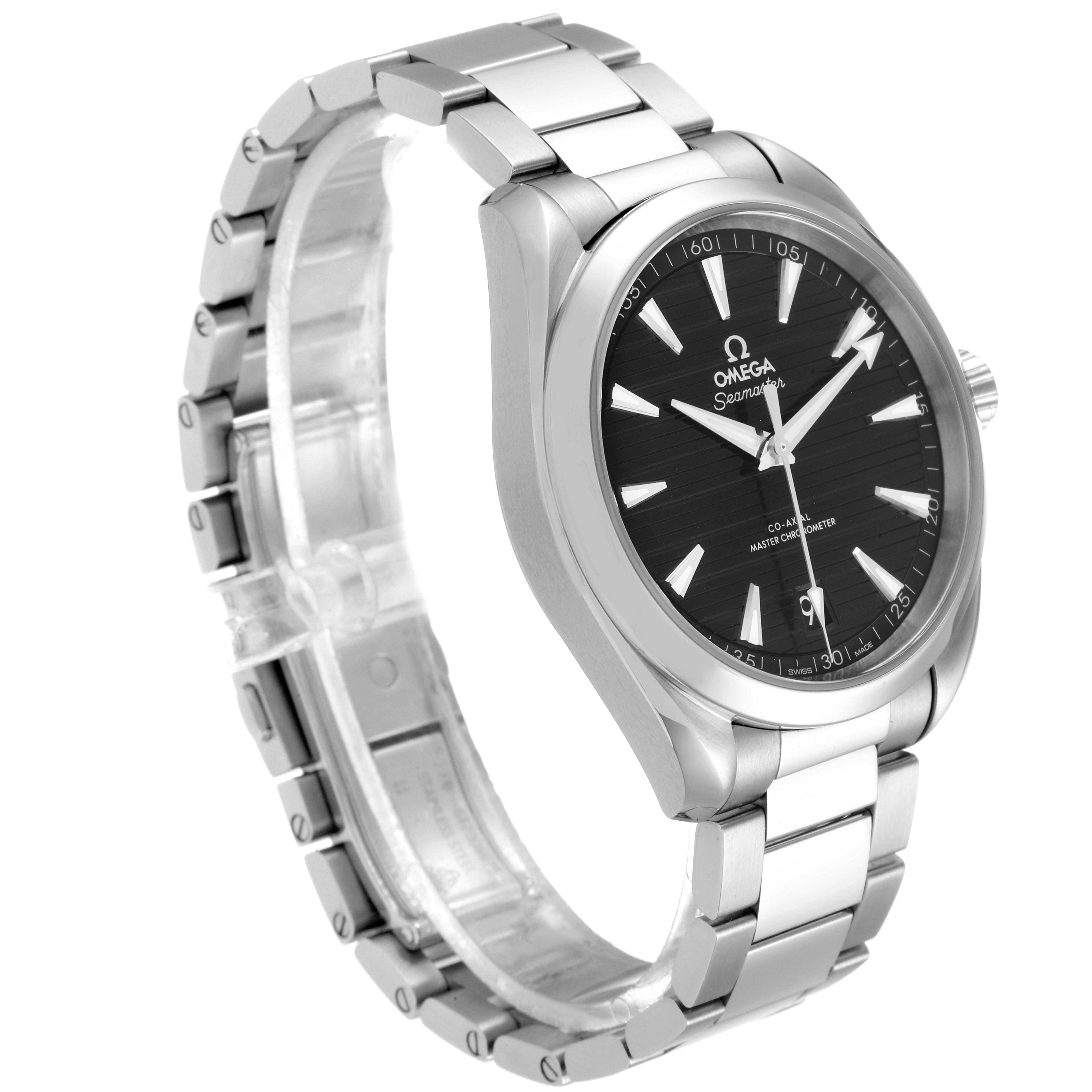 This image shows the Omega Aqua Terra 220.10.41.21.01.001 Men's Stainless Steel Black Dial 220.10.41.21.01.001 Men's Stainless Steel Black Dial watch at a three-quarter angle, highlighting its stainless steel bracelet and black dial.