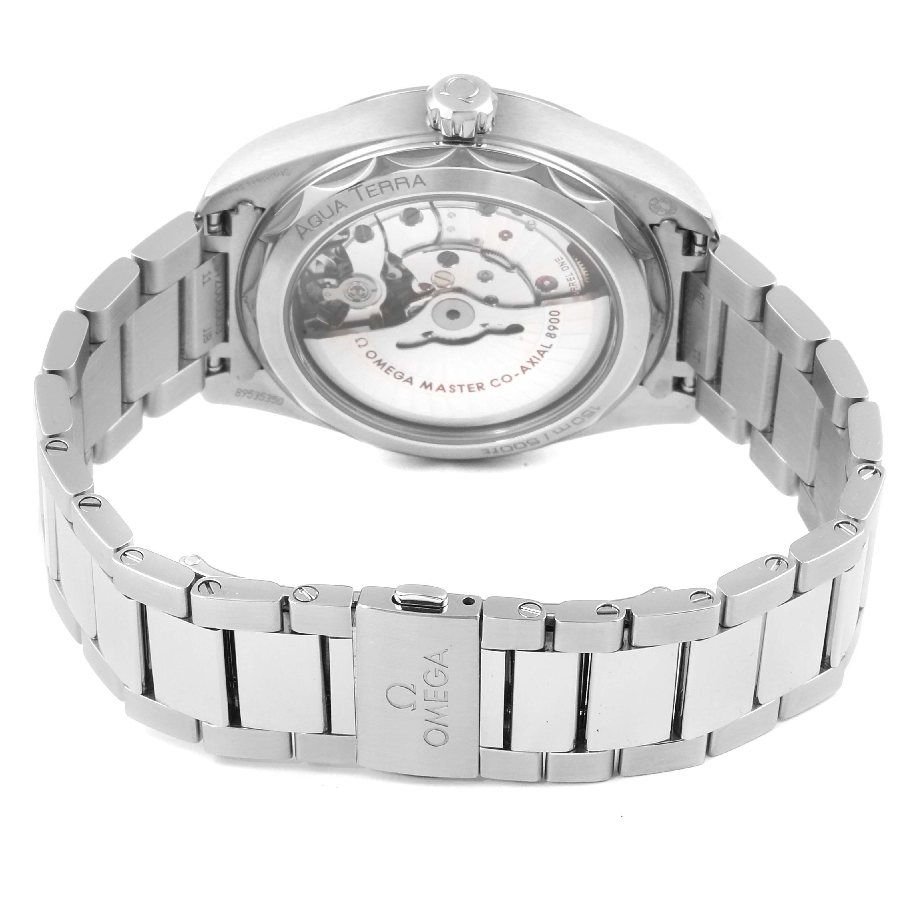 The image shows the back of the Omega Aqua Terra 220.10.41.21.01.001 Men's Stainless Steel Black Dial 220.10.41.21.01.001 Men's Stainless Steel Black Dial watch, highlighting its open case back and stainless steel bracelet.