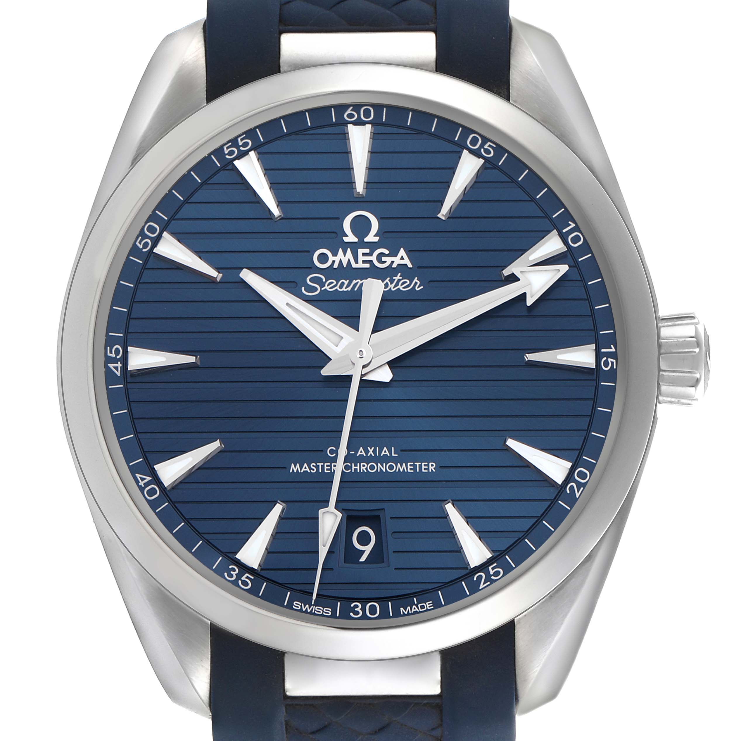The image shows an Omega Aqua Terra 220.12.38.20.03.001 Men's Stainless Steel Blue Dial 220.12.38.20.03.001 Men's Stainless Steel Blue Dial watch face directly, highlighting its blue dial, indices, hands, and crown.