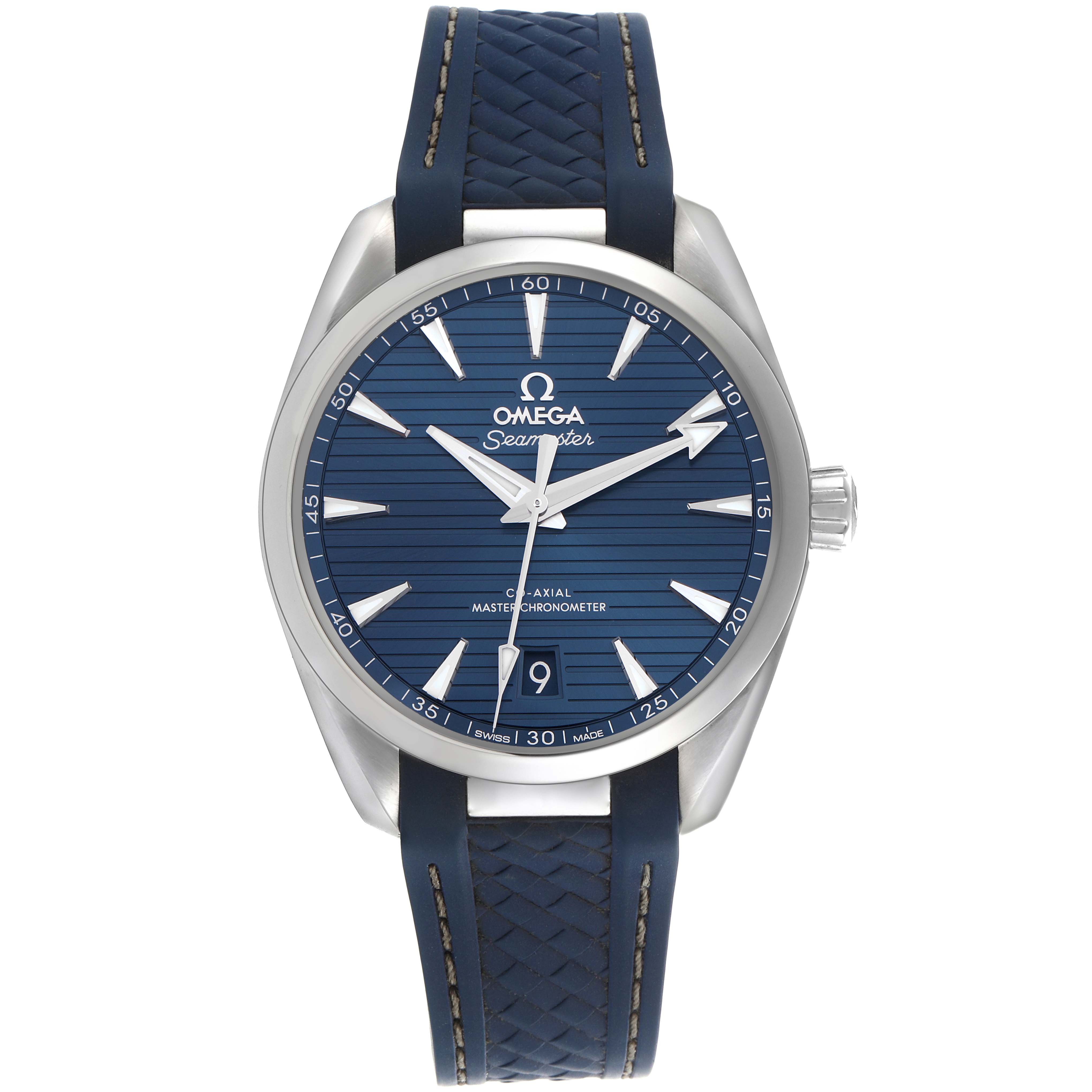 The Omega Aqua Terra 220.12.38.20.03.001 Men's Stainless Steel Blue Dial 220.12.38.20.03.001 Men's Stainless Steel Blue Dial watch is shown from a front angle, displaying the face, strap, and crown.
