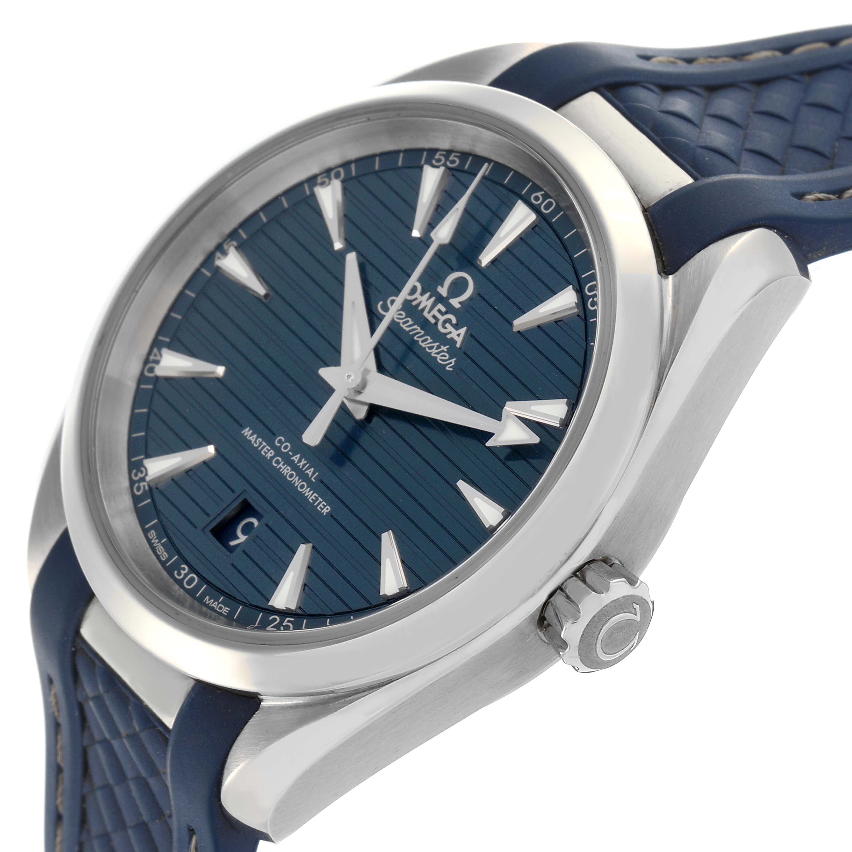 The Omega Aqua Terra 220.12.38.20.03.001 Men's Stainless Steel Blue Dial 220.12.38.20.03.001 Men's Stainless Steel Blue Dial watch is shown at a 3/4 angle, highlighting the dial, bezel, and crown.