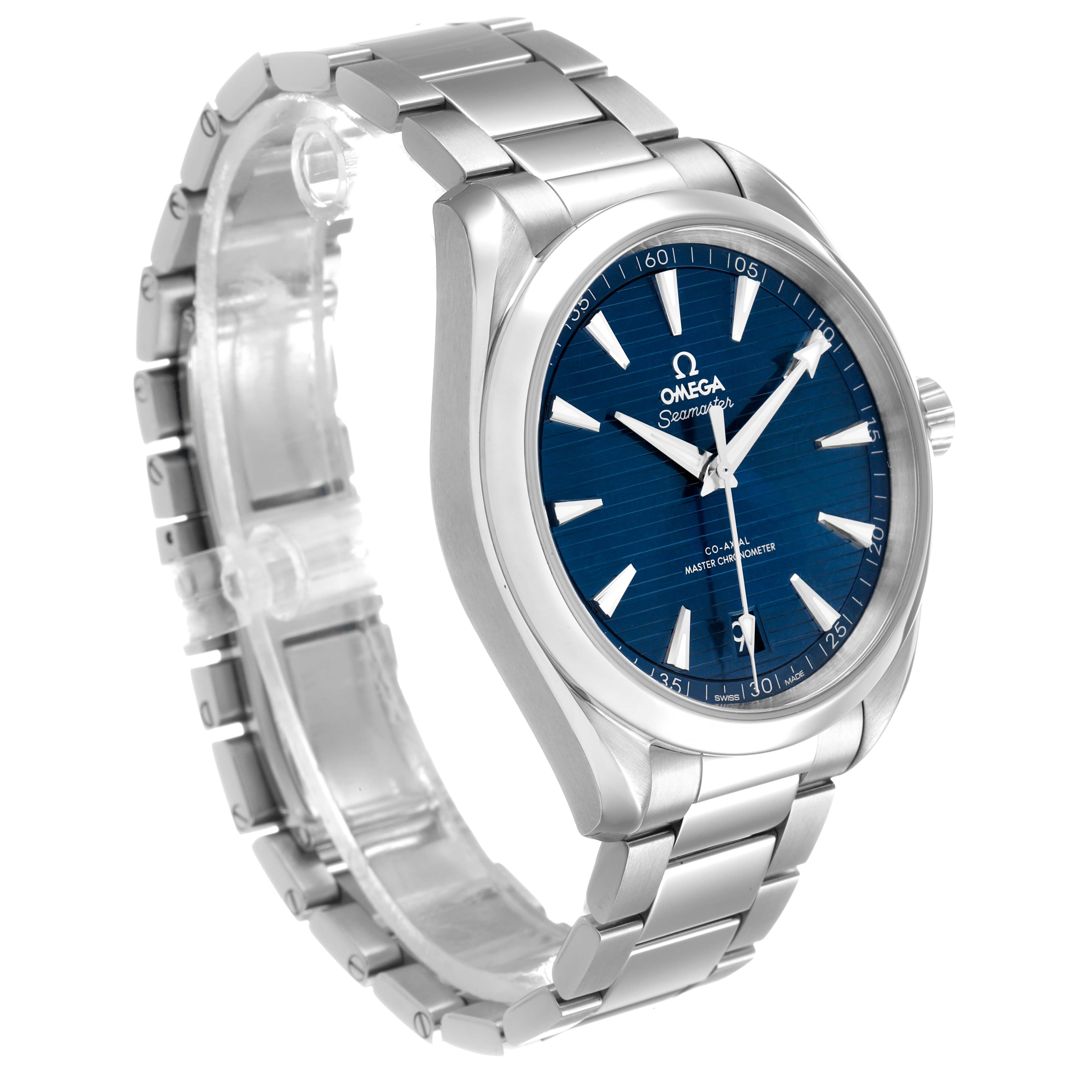 The Omega Aqua Terra 220.10.41.21.03.004 Men's Stainless Steel Blue Dial watch is shown at a three-quarter angle, displaying its blue dial, silver bracelet, and crown.