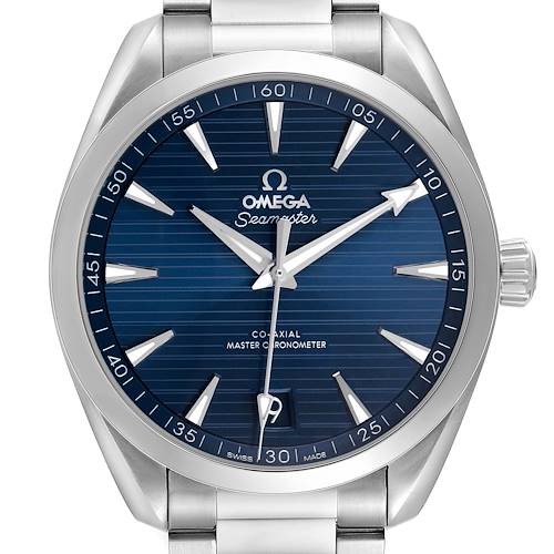 The image shows a front view of the Omega Aqua Terra 220.10.41.21.03.004 Men's Stainless Steel Blue Dial watch, highlighting its blue face, hands, indices, and crown.