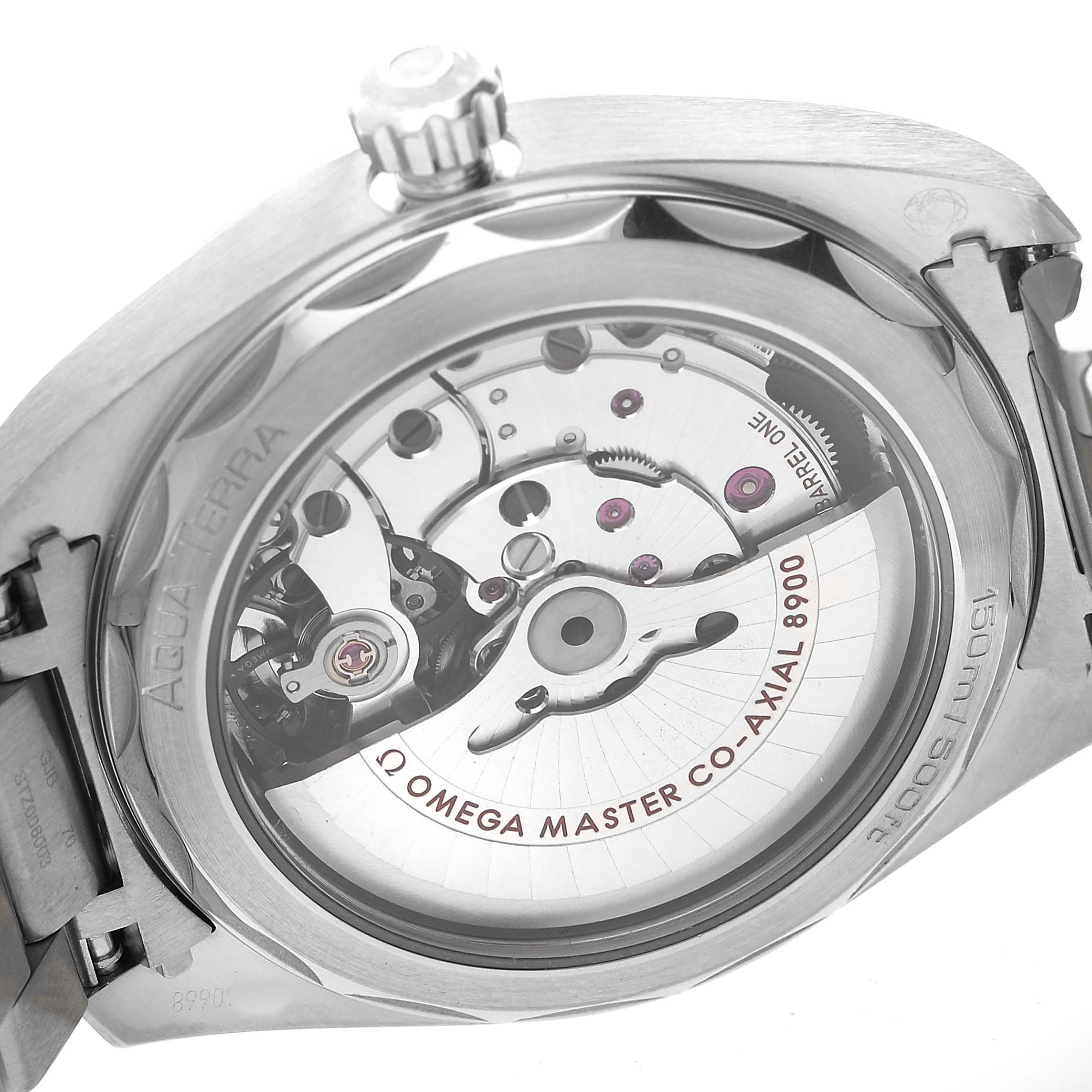 The image shows the back of the Omega Aqua Terra 220.10.41.21.03.004 Men's Stainless Steel Blue Dial watch, highlighting its exposed movement and co-axial caliber 8900.