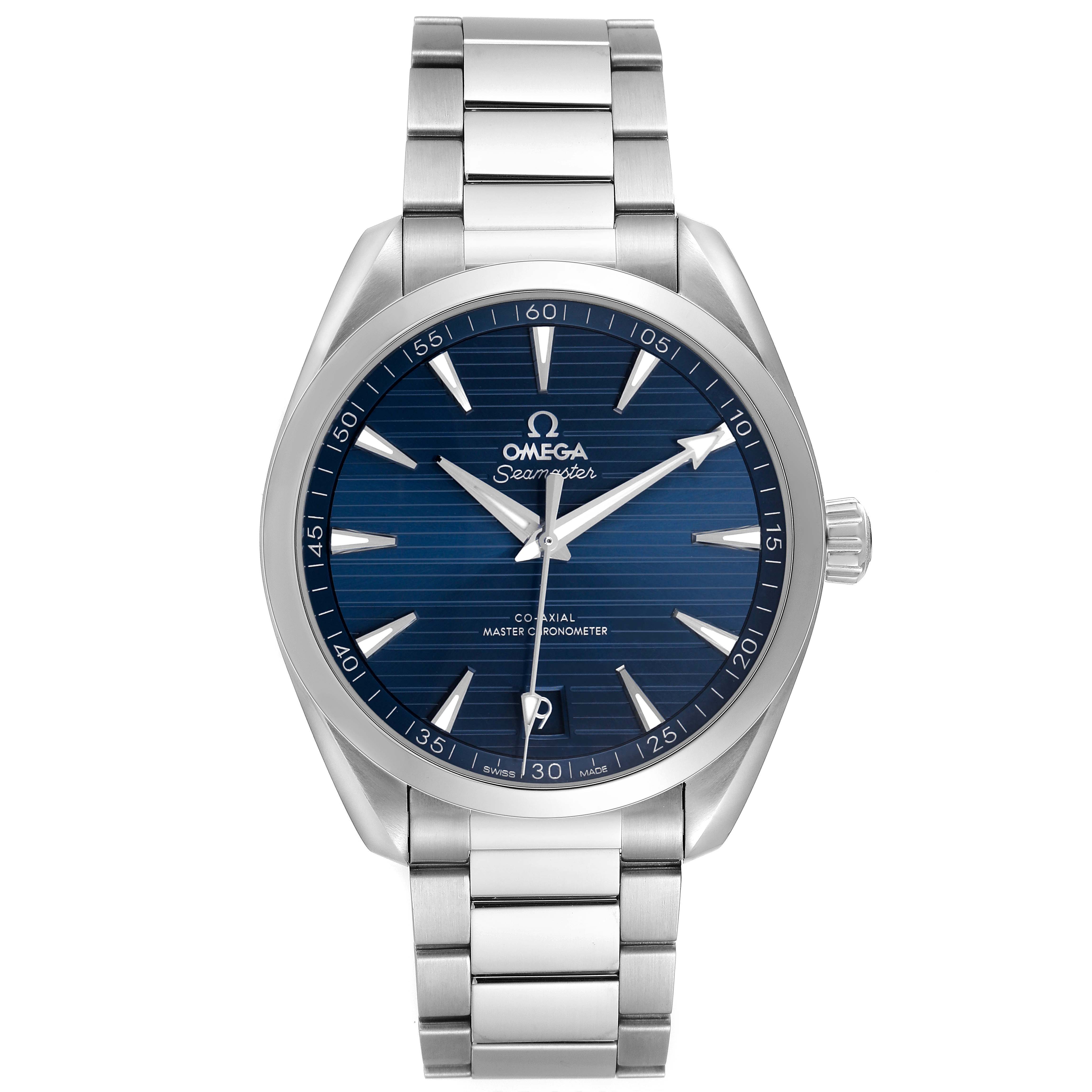 The Omega Aqua Terra 220.10.41.21.03.004 Men's Stainless Steel Blue Dial watch is shown from a front angle, highlighting the dial, bezel, bracelet, and crown.