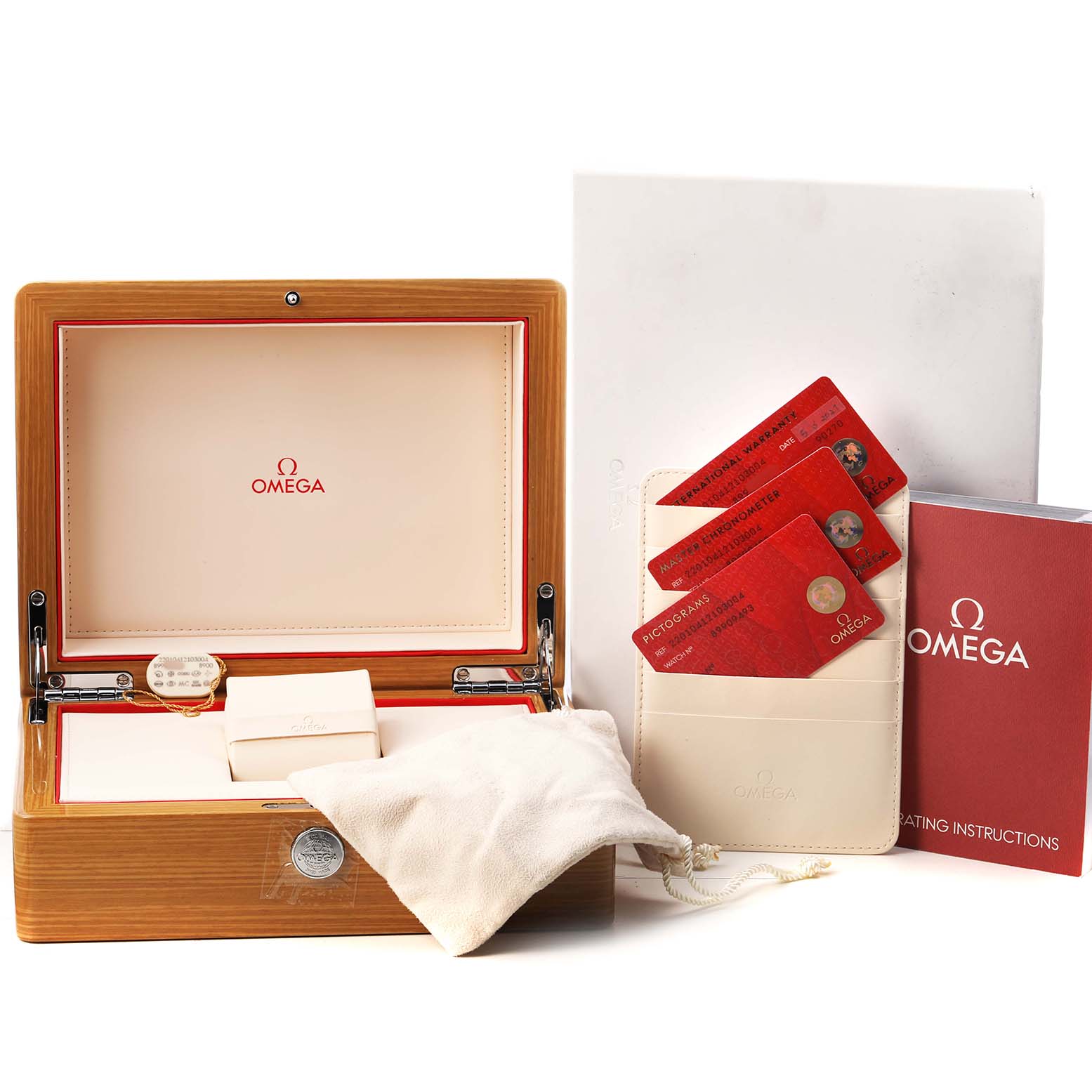 The image shows the packaging and accessories for the Omega Aqua Terra 220.10.41.21.03.004 Men's Stainless Steel Blue Dial watch, including the box, warranty cards, and instructions.