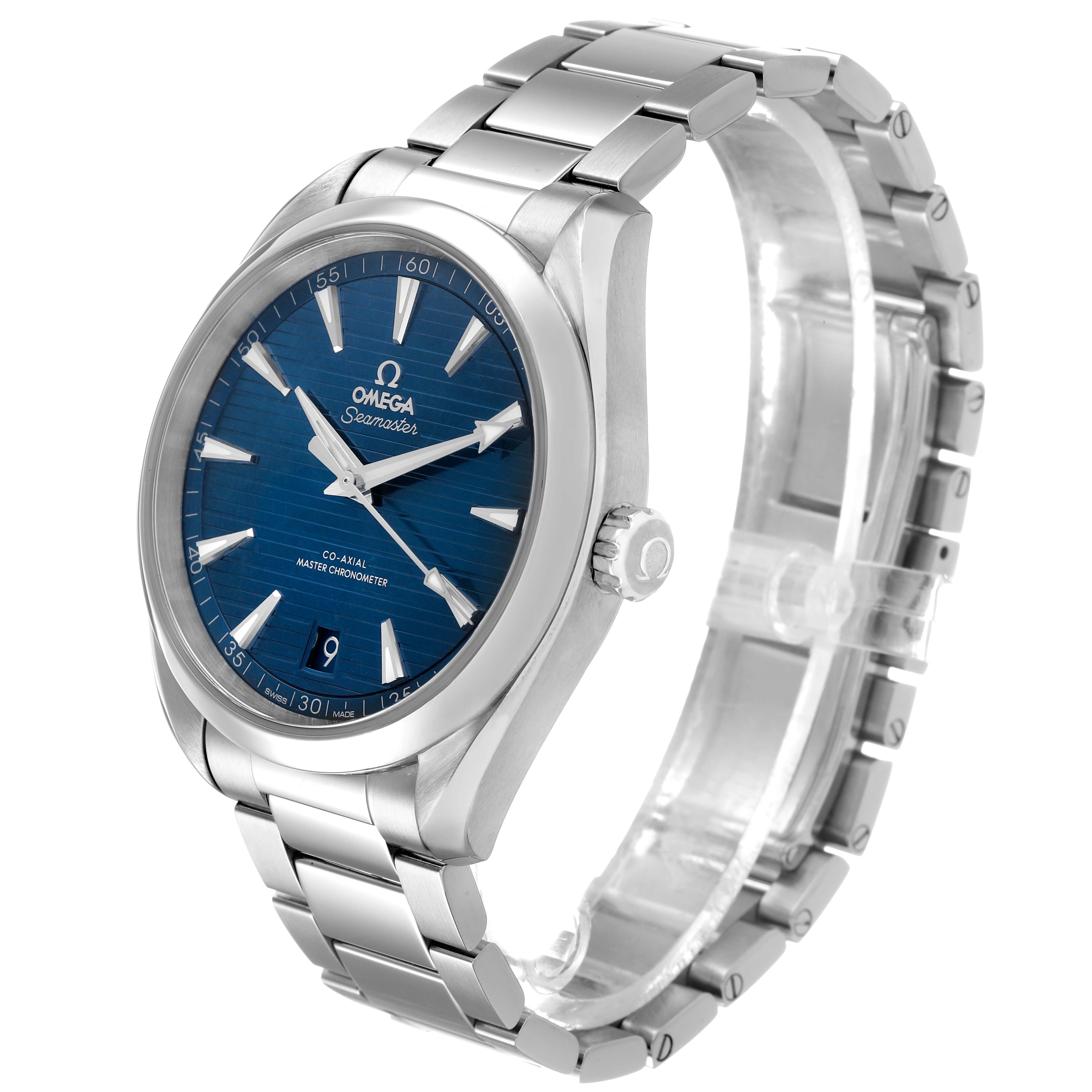 The Omega Aqua Terra 220.10.41.21.03.004 Men's Stainless Steel Blue Dial watch is shown at a front-side angle, highlighting the blue dial, silver bracelet, and crown.