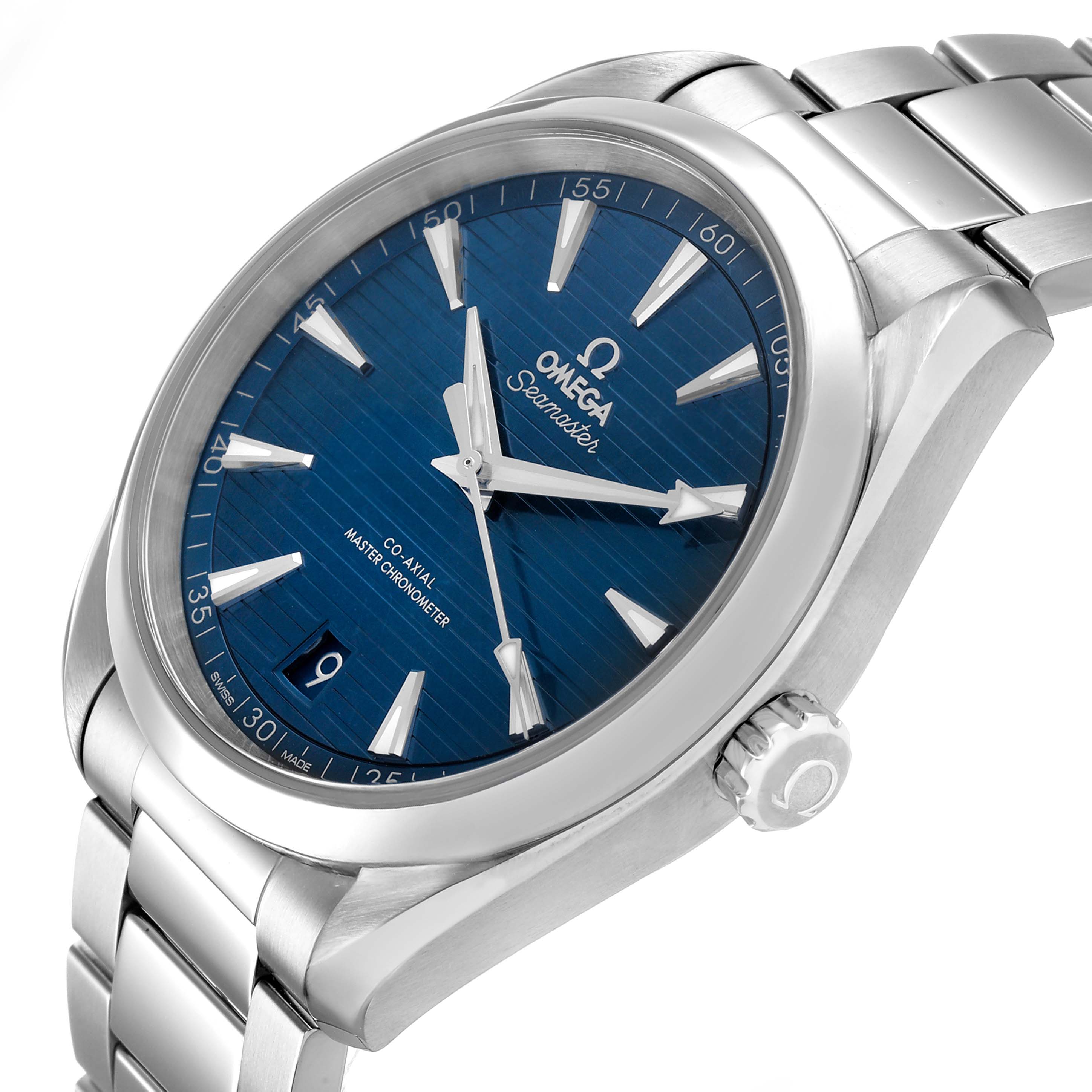 The Omega Aqua Terra 220.10.41.21.03.004 Men's Stainless Steel Blue Dial watch is shown at an angled side view, displaying its face, bracelet, and crown.