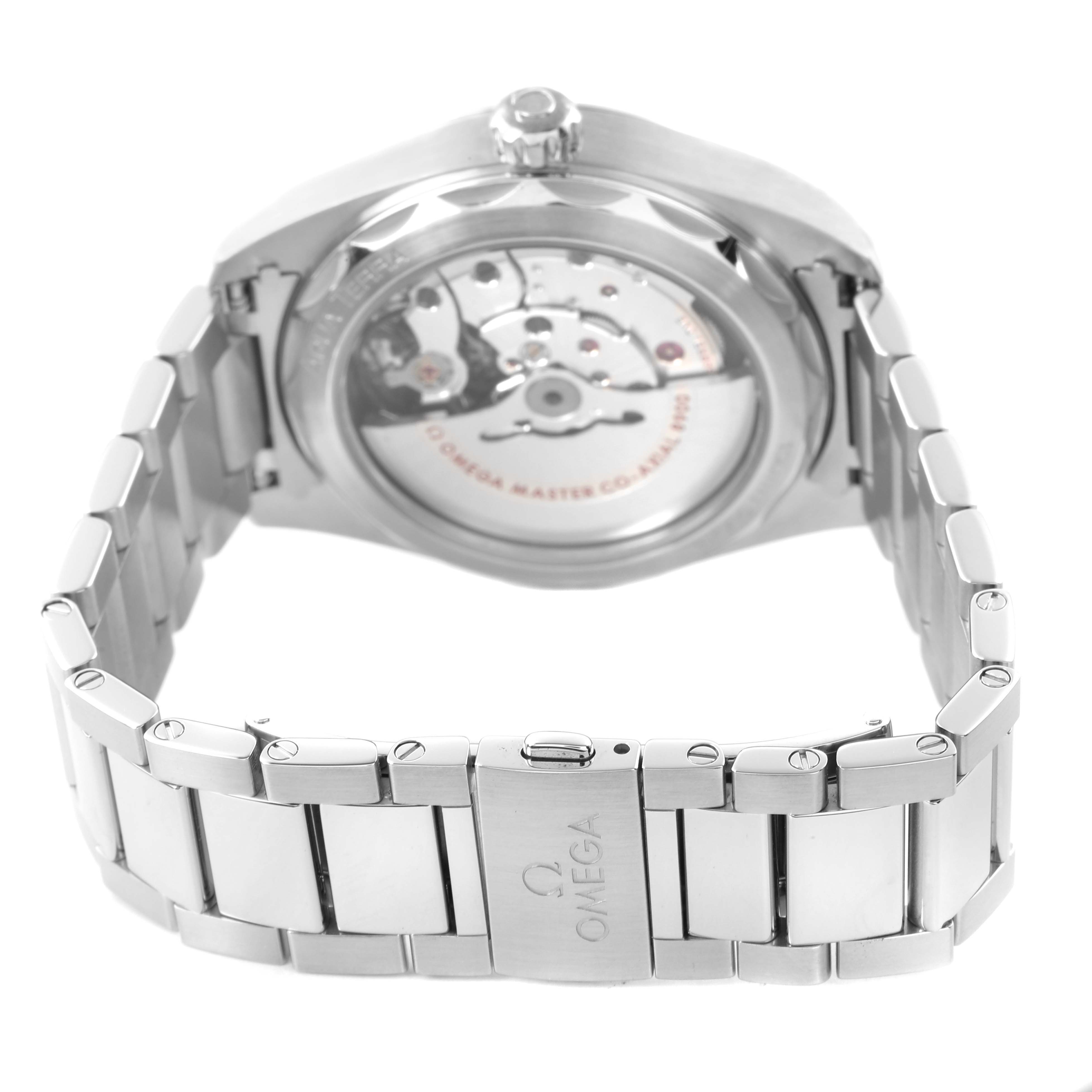 The image shows the back of the Omega Aqua Terra 220.10.41.21.03.004 Men's Stainless Steel Blue Dial watch, displaying the movement and bracelet.