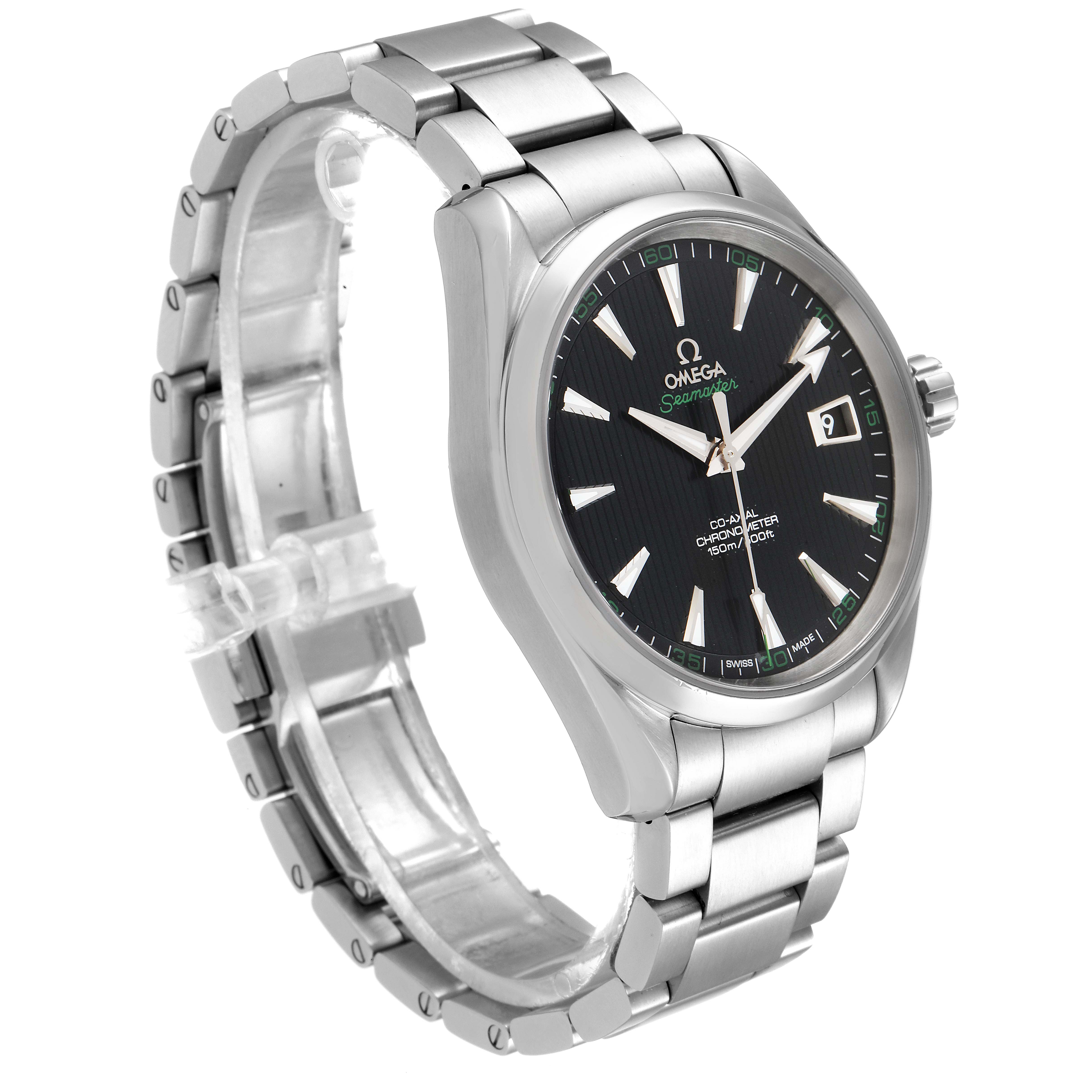 The image shows a side angle of the Omega Aqua Terra 231.10.42.21.01.001 Men's Stainless Steel Black Dial 231.10.42.21.01.001 Men's Stainless Steel Black Dial watch, highlighting the face, bezel, and stainless steel bracelet.