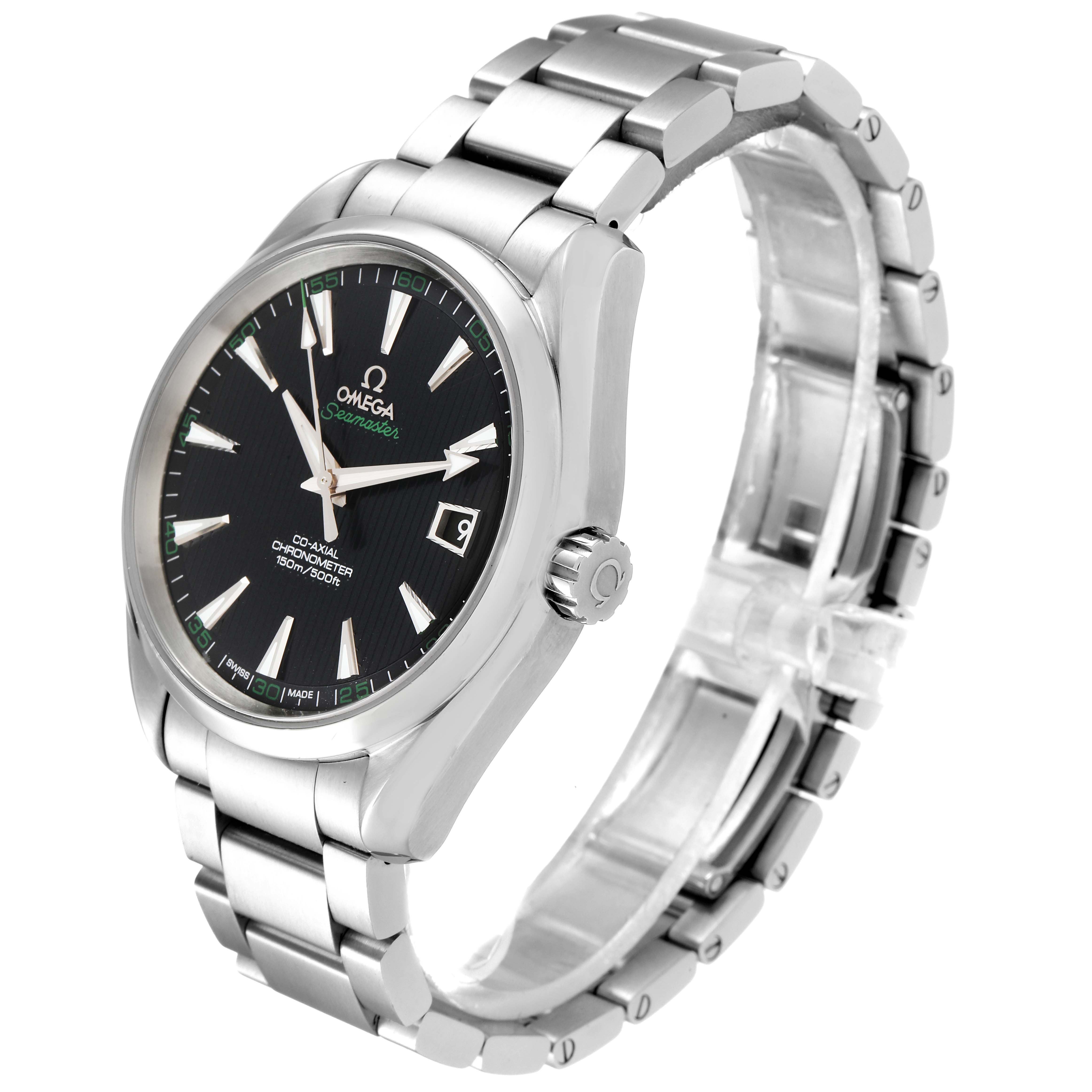 The Omega Aqua Terra 231.10.42.21.01.001 Men's Stainless Steel Black Dial 231.10.42.21.01.001 Men's Stainless Steel Black Dial watch is shown at a three-quarter angle, displaying the dial, bracelet, and crown.