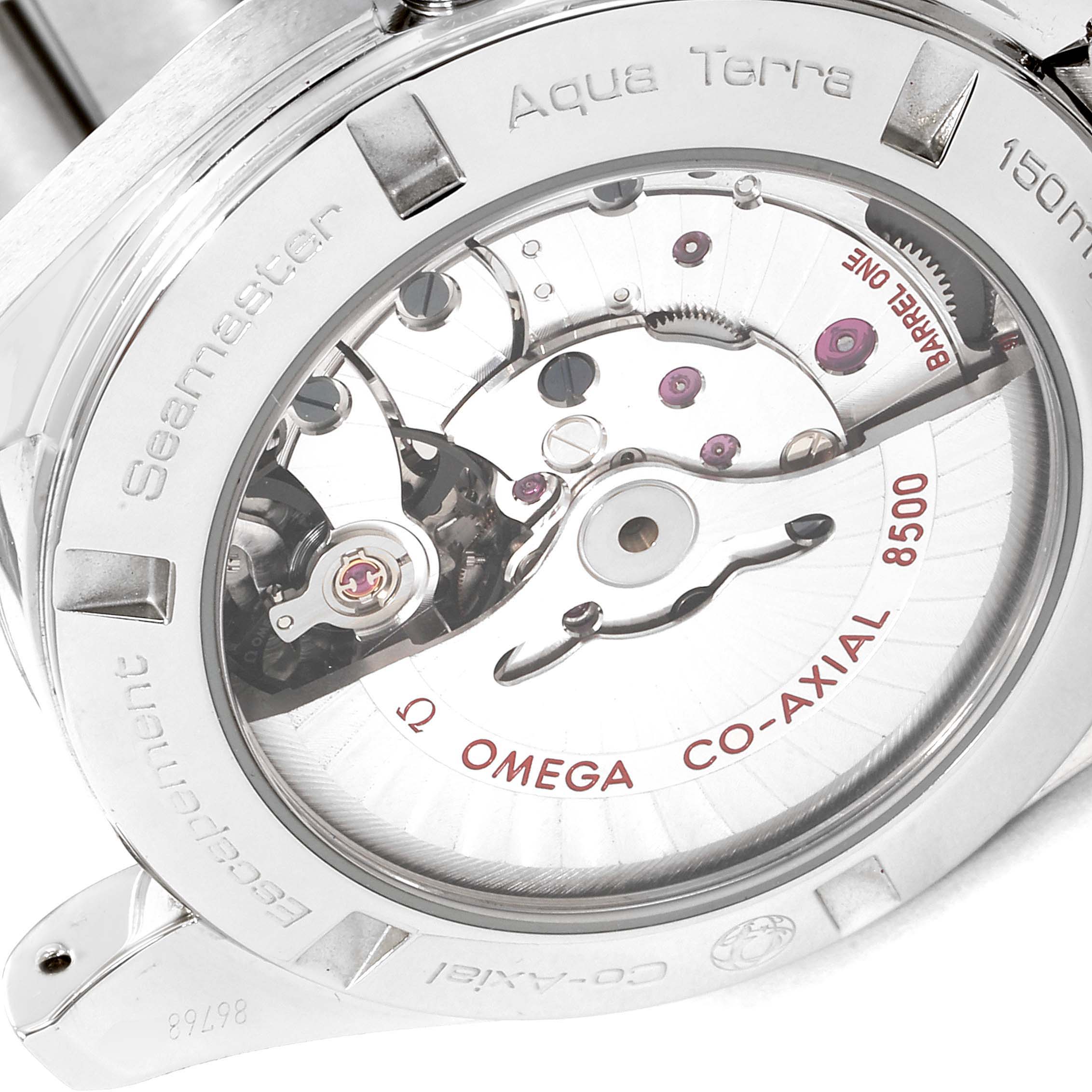 The image shows the back view of the Omega Seamaster Aqua Terra, displaying its Co-Axial 8500 movement.