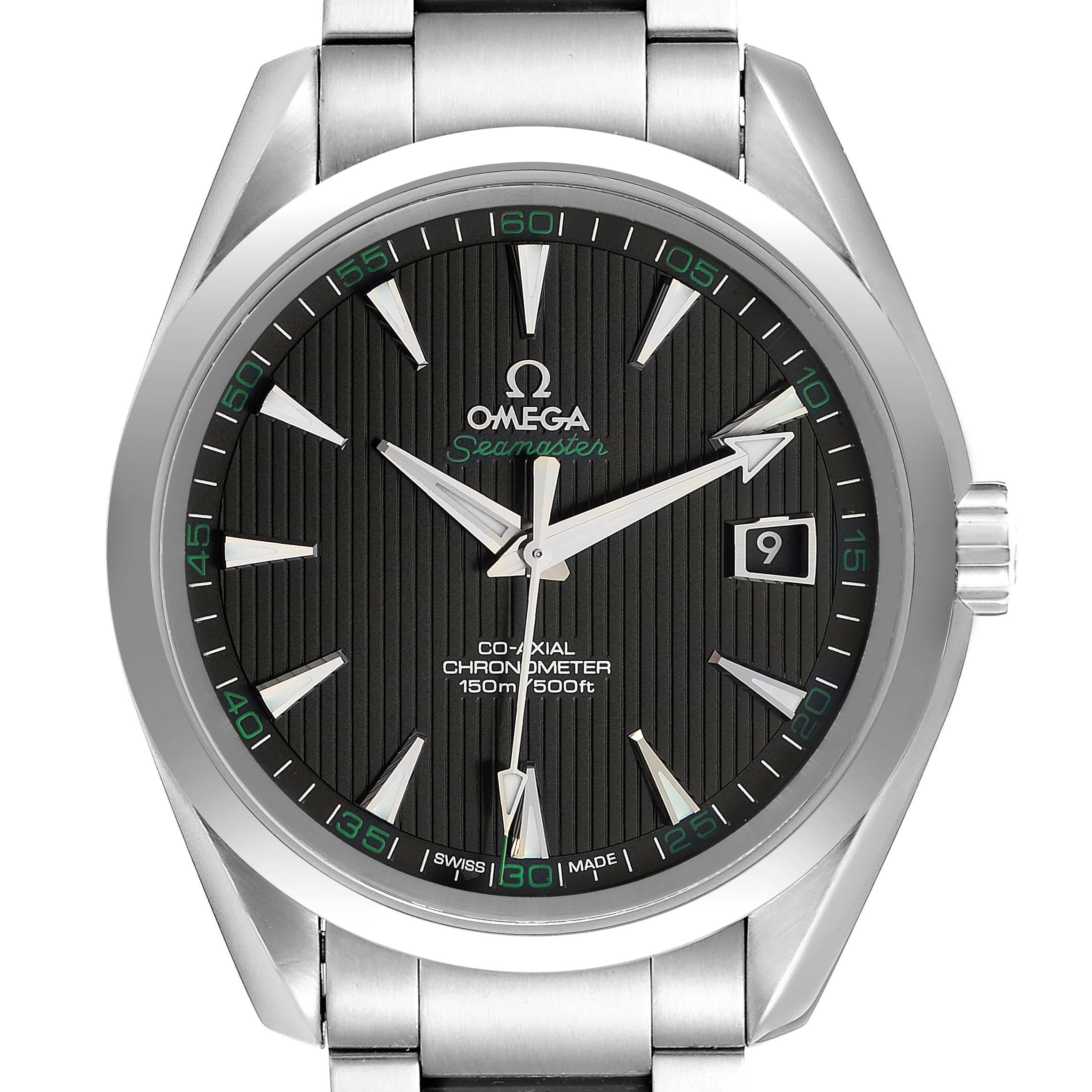 The image shows a frontal view of the Omega Aqua Terra 231.10.42.21.01.001 Men's Stainless Steel Black Dial 231.10.42.21.01.001 Men's Stainless Steel Black Dial watch, displaying the dial, hour markers, hands, and date window.