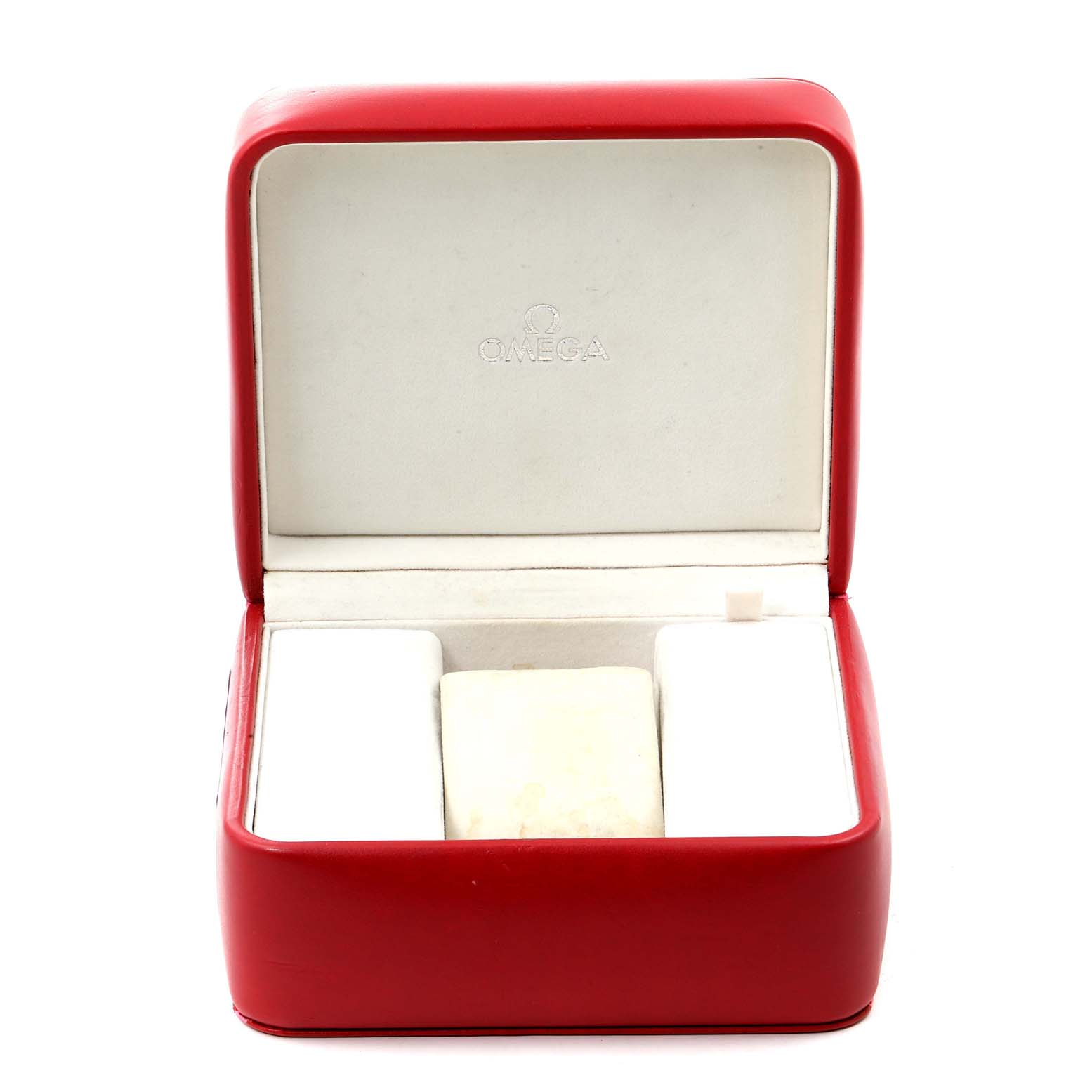 This image shows an open red Omega box designed to hold the Aqua Terra model watch, with compartments for the watch and accessories.
