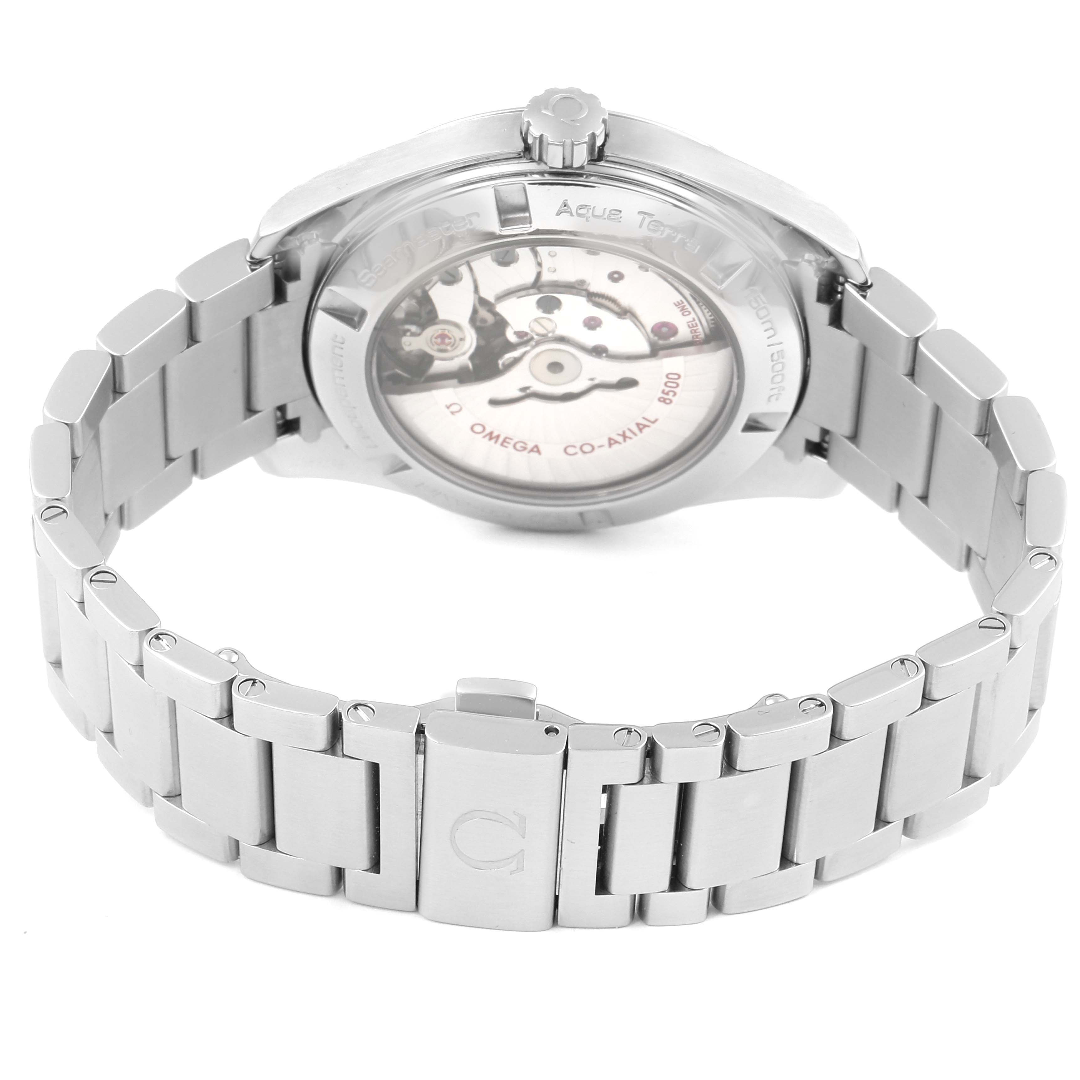 The image shows the back view of the Omega Aqua Terra 231.10.42.21.01.001 Men's Stainless Steel Black Dial 231.10.42.21.01.001 Men's Stainless Steel Black Dial watch, highlighting its bracelet and visible movement mechanism.